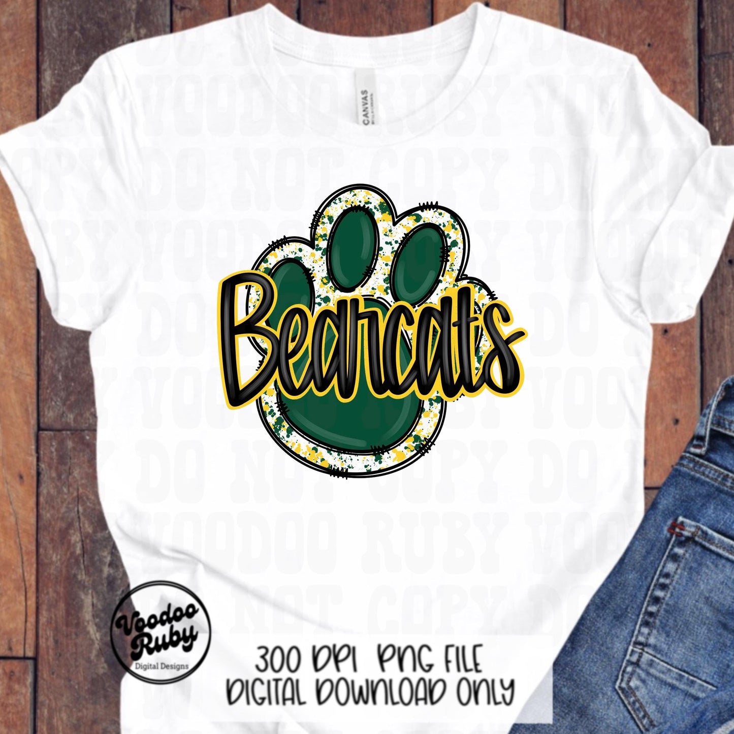 Bearcats PNG Design Sublimation Hand Drawn Digital Download Football PNG Green Yellow Bearcats Paw Print png Football DTF Printable Mascot