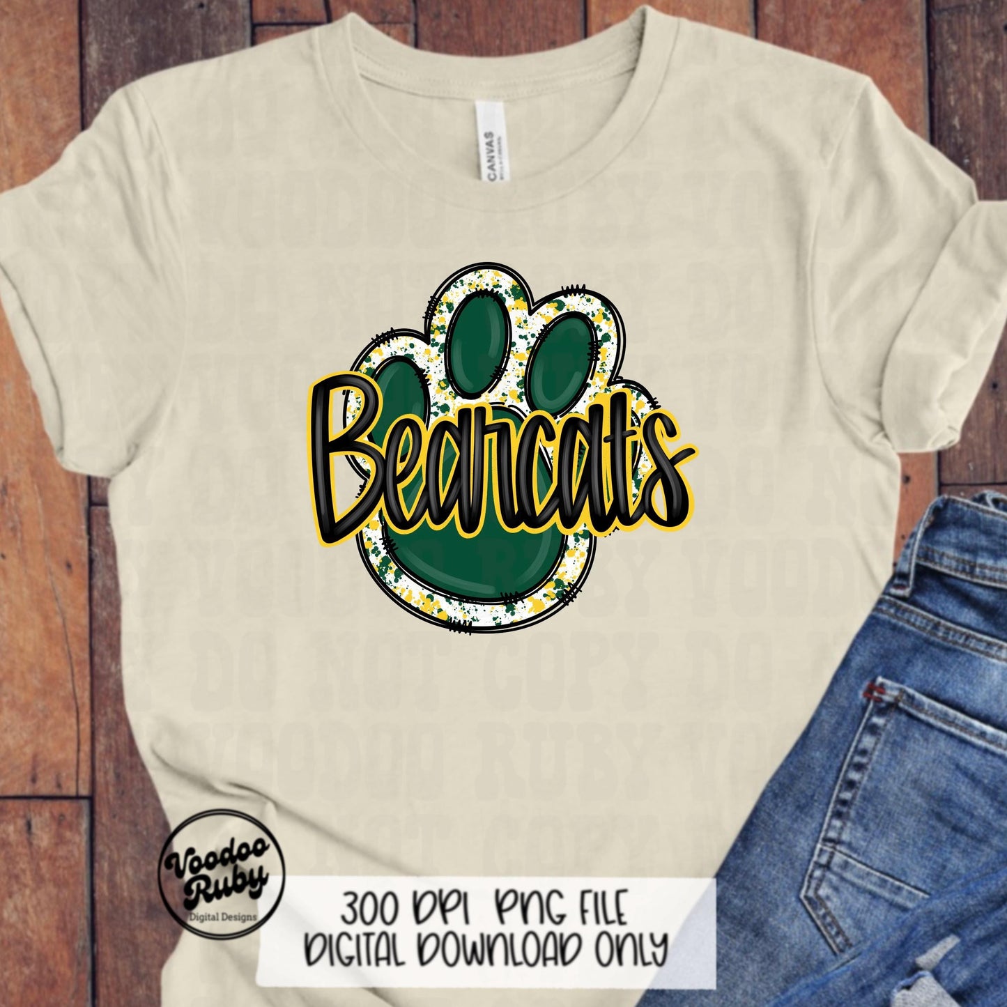 Bearcats PNG Design Sublimation Hand Drawn Digital Download Football PNG Green Yellow Bearcats Paw Print png Football DTF Printable Mascot