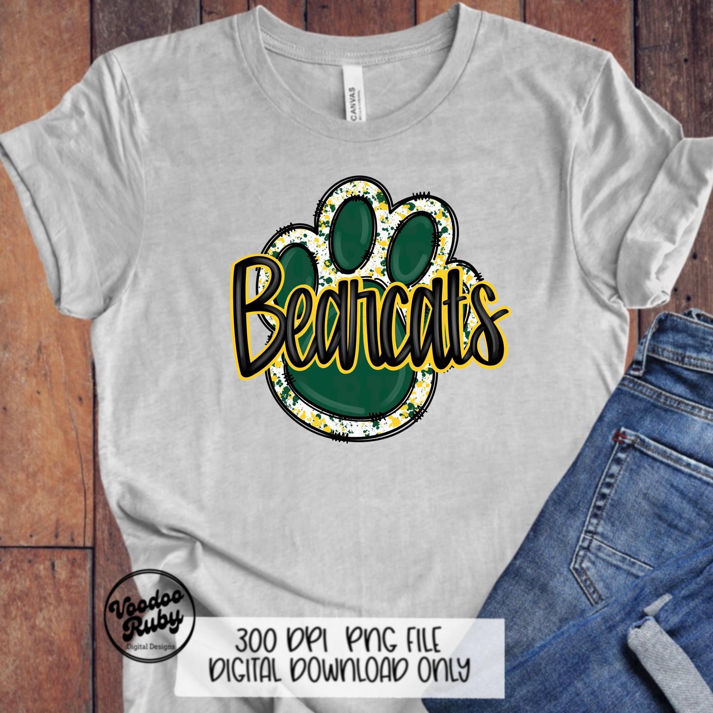 Bearcats PNG Design Sublimation Hand Drawn Digital Download Football PNG Green Yellow Bearcats Paw Print png Football DTF Printable Mascot