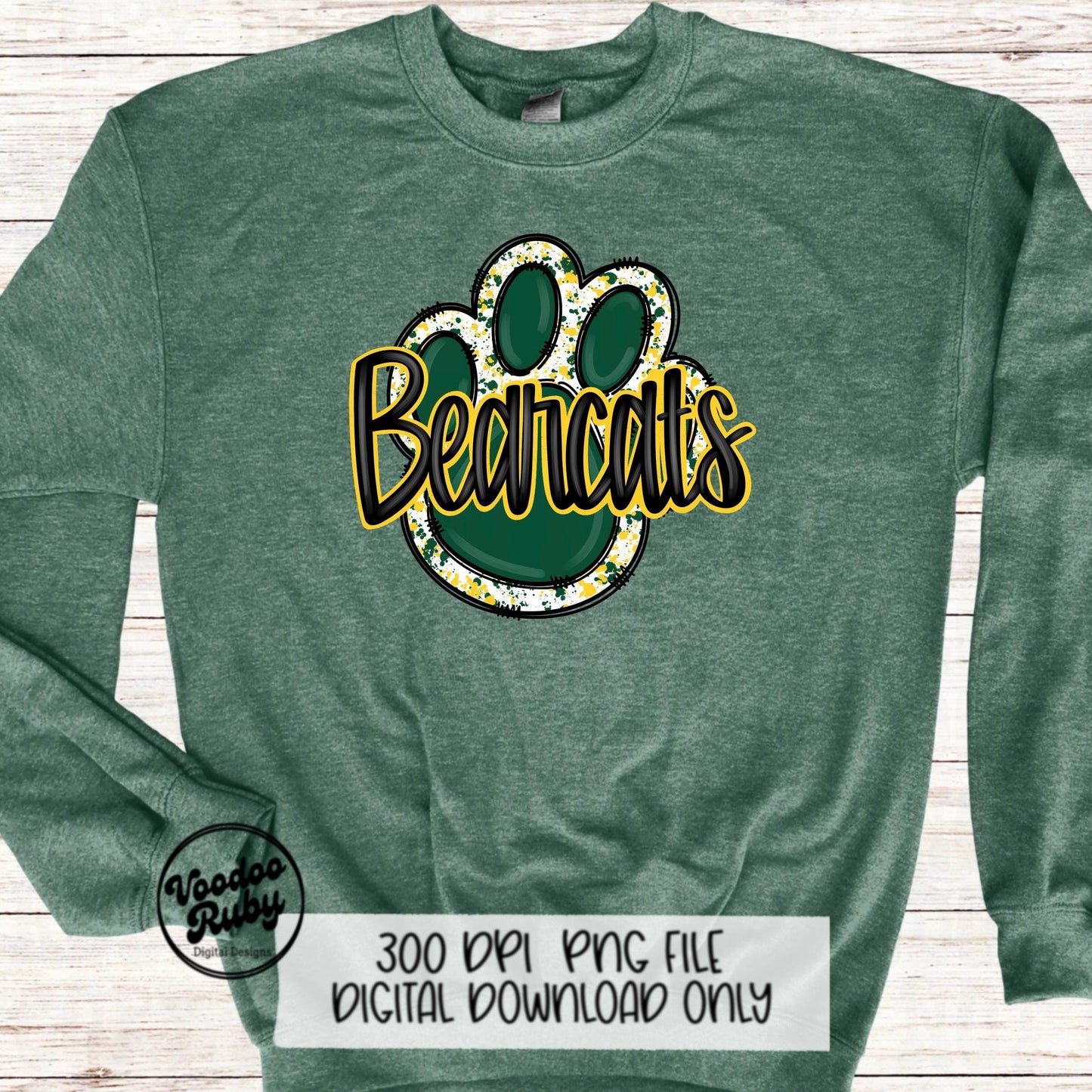 Bearcats PNG Design Sublimation Hand Drawn Digital Download Football PNG Green Yellow Bearcats Paw Print png Football DTF Printable Mascot