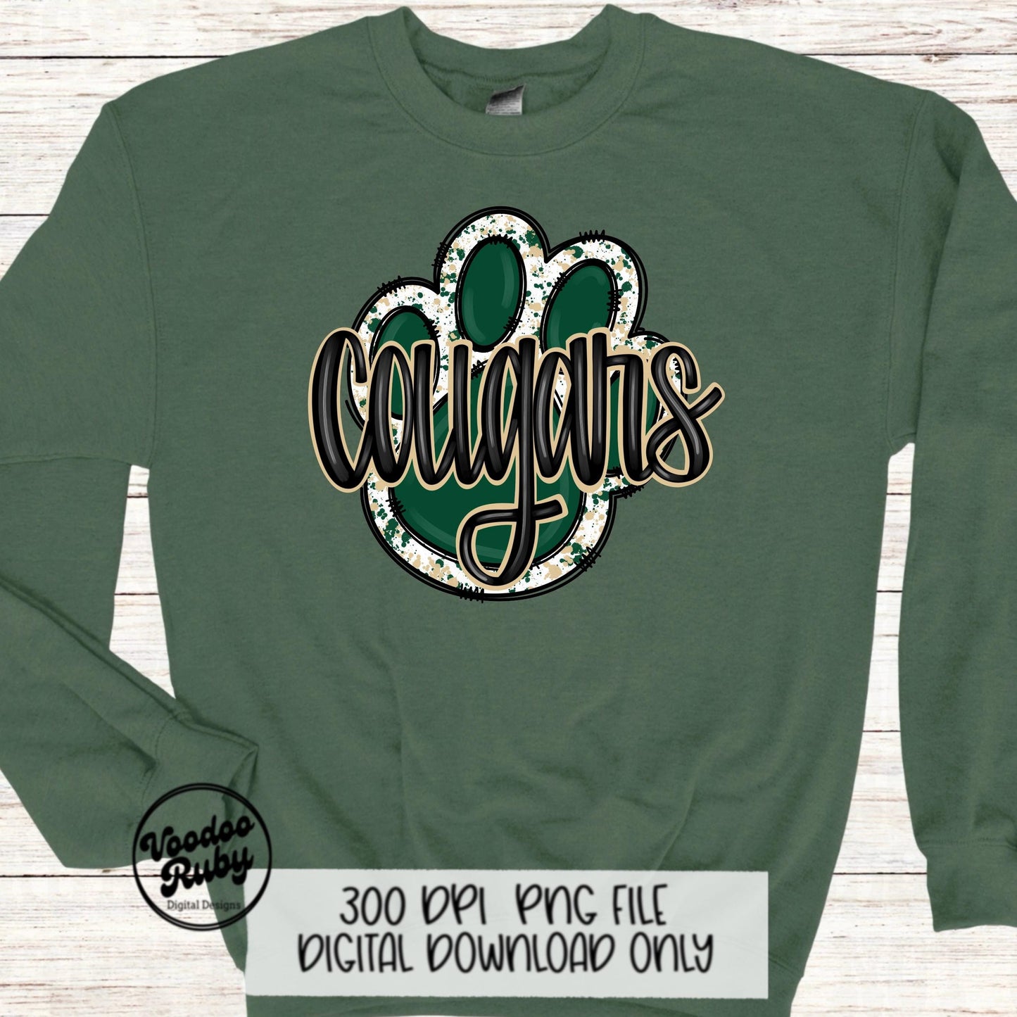 Cougars PNG Design Sublimation Hand Drawn Digital Download Football PNG Paw Print Green Gold Cougars Mascot DTF Printable