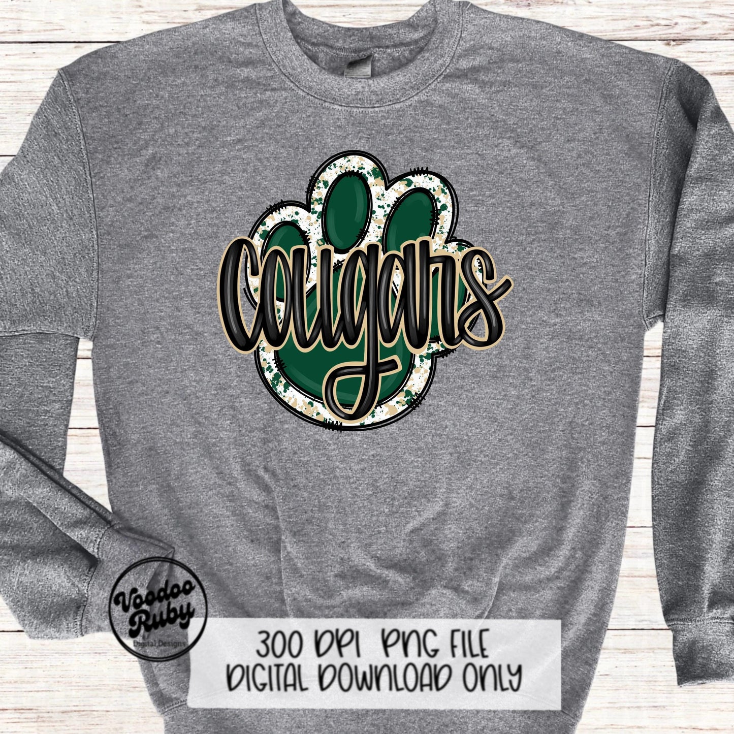 Cougars PNG Design Sublimation Hand Drawn Digital Download Football PNG Paw Print Green Gold Cougars Mascot DTF Printable