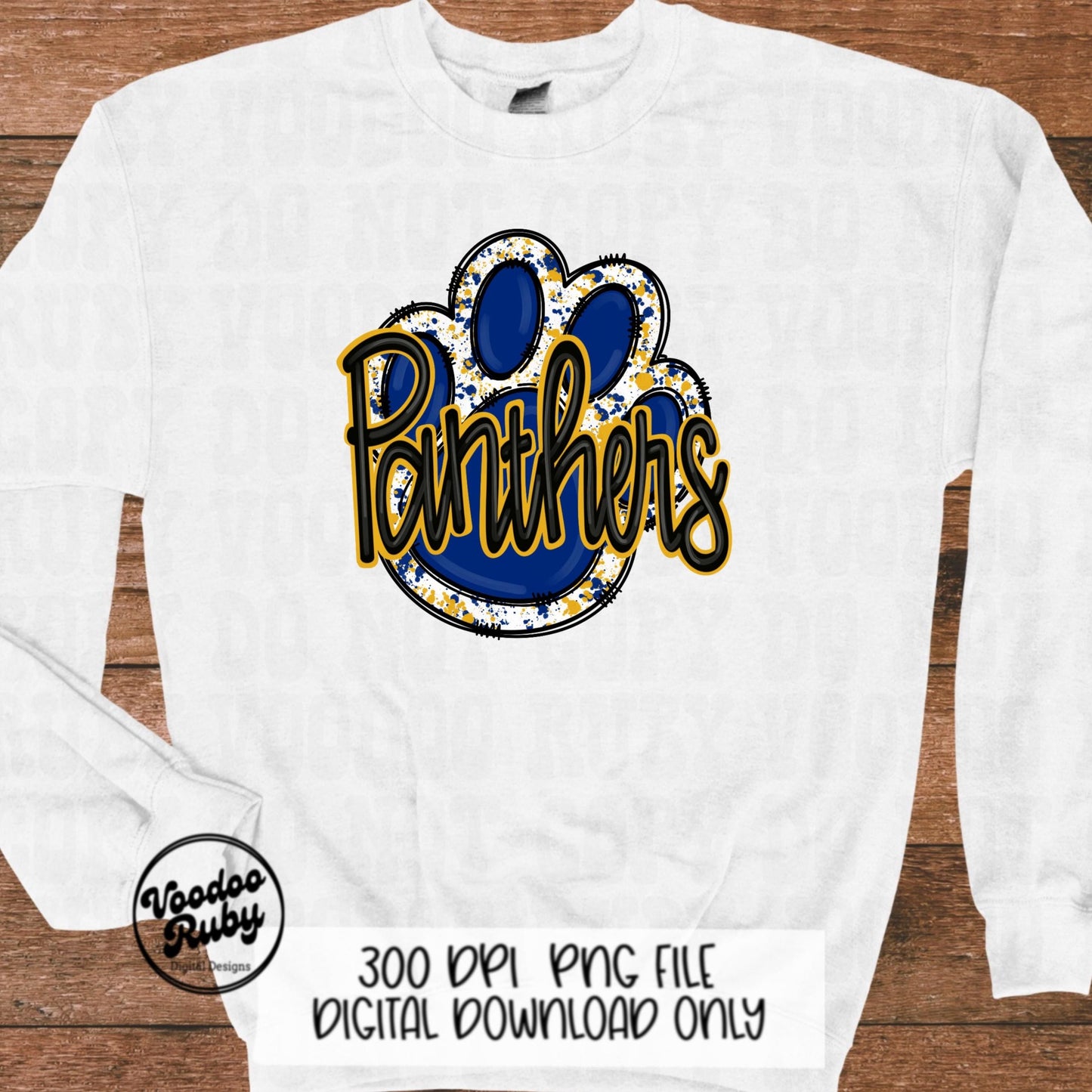 Panthers PNG Design Sublimation Hand Drawn Digital Download Football PNG Paw Blue Yellow Gold Panthers Football DTF Mascot Printable