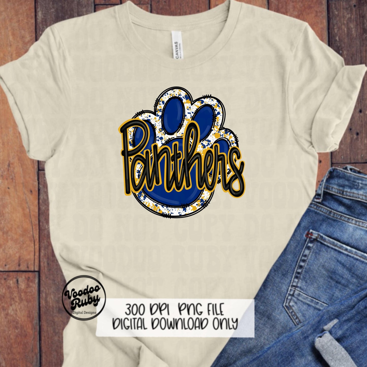 Panthers PNG Design Sublimation Hand Drawn Digital Download Football PNG Paw Blue Yellow Gold Panthers Football DTF Mascot Printable