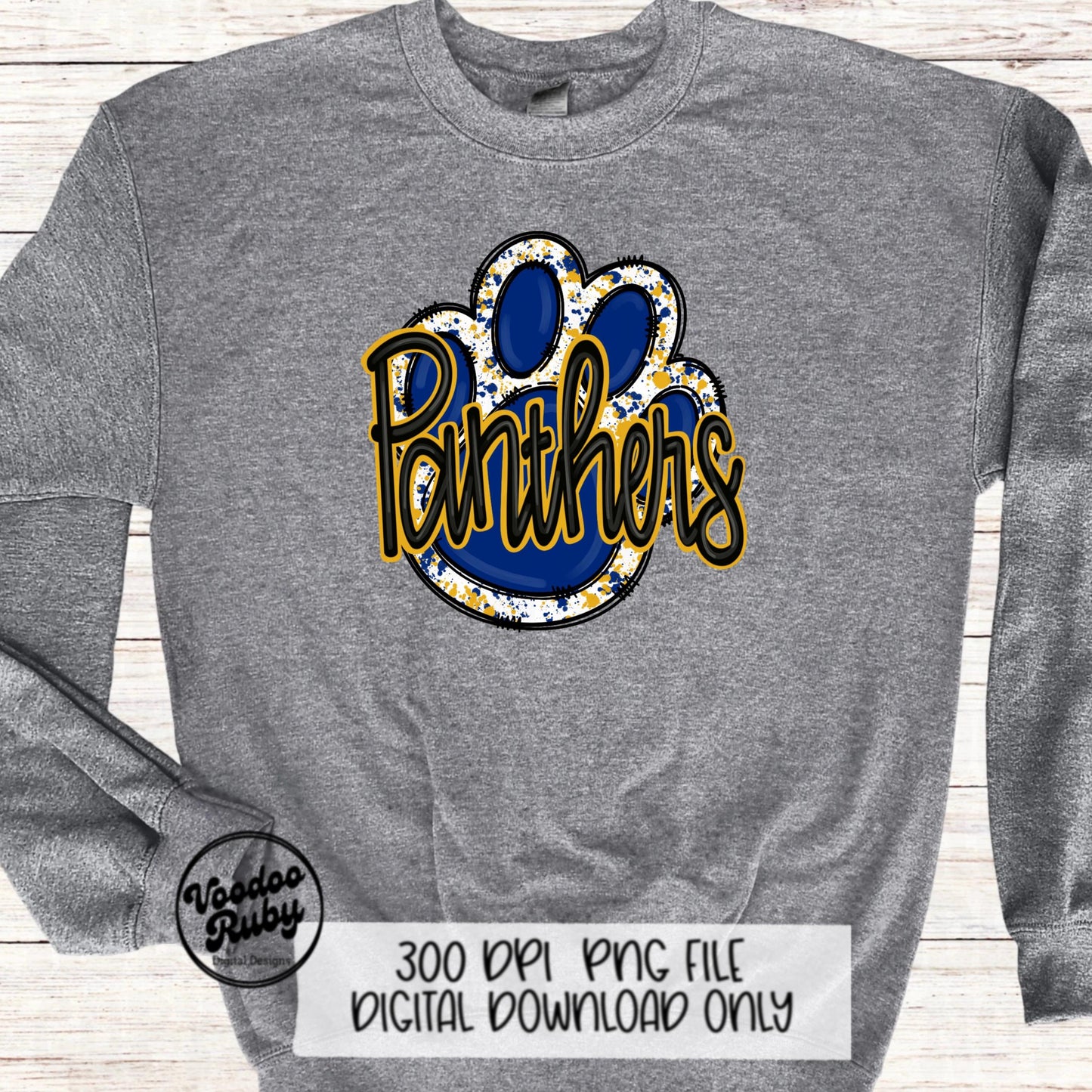 Panthers PNG Design Sublimation Hand Drawn Digital Download Football PNG Paw Blue Yellow Gold Panthers Football DTF Mascot Printable