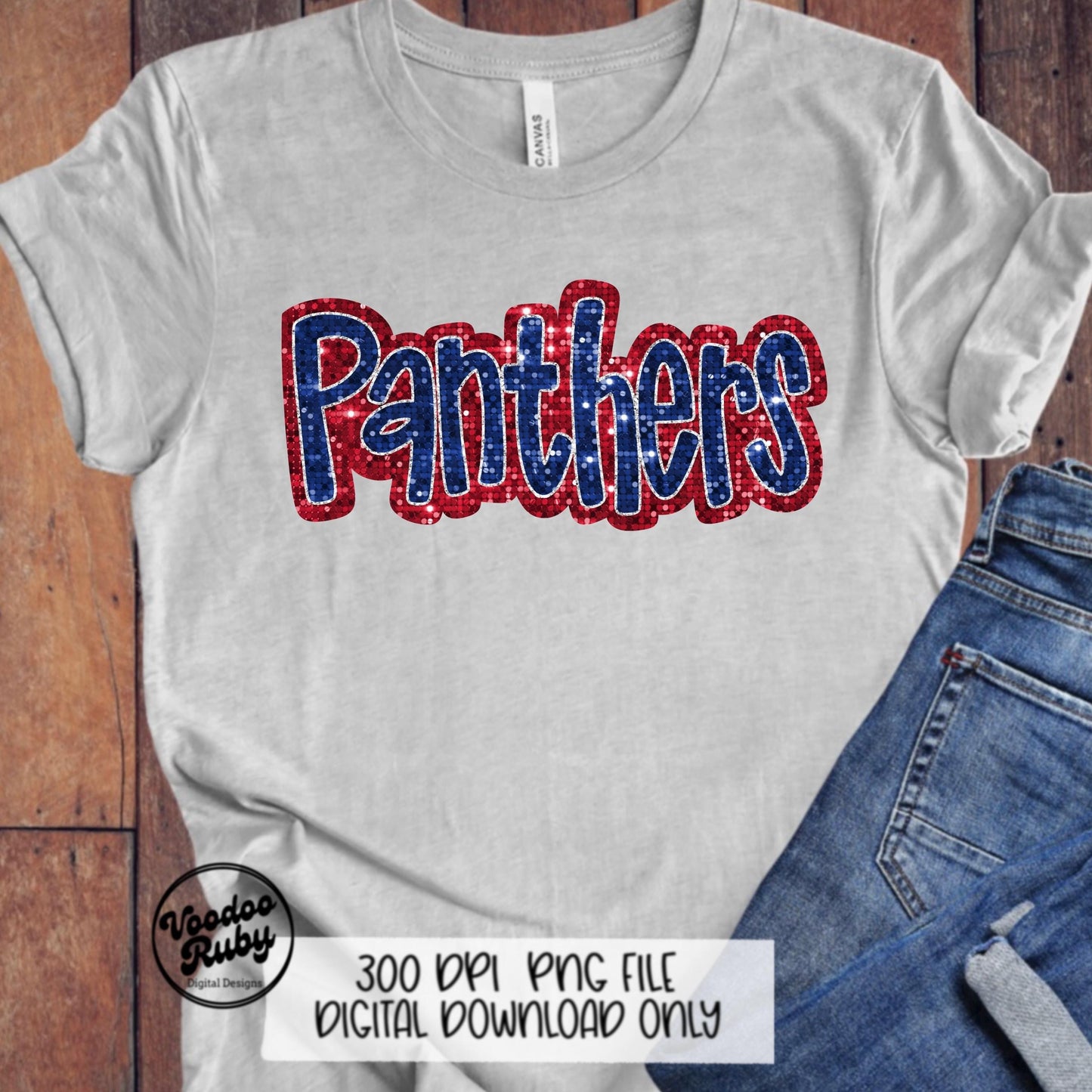Panthers Mascot Design PNG Sublimation Glitter Hand Drawn Digital Download Faux Sequins Patch Faux Appliqué Red Blue Panthers Football