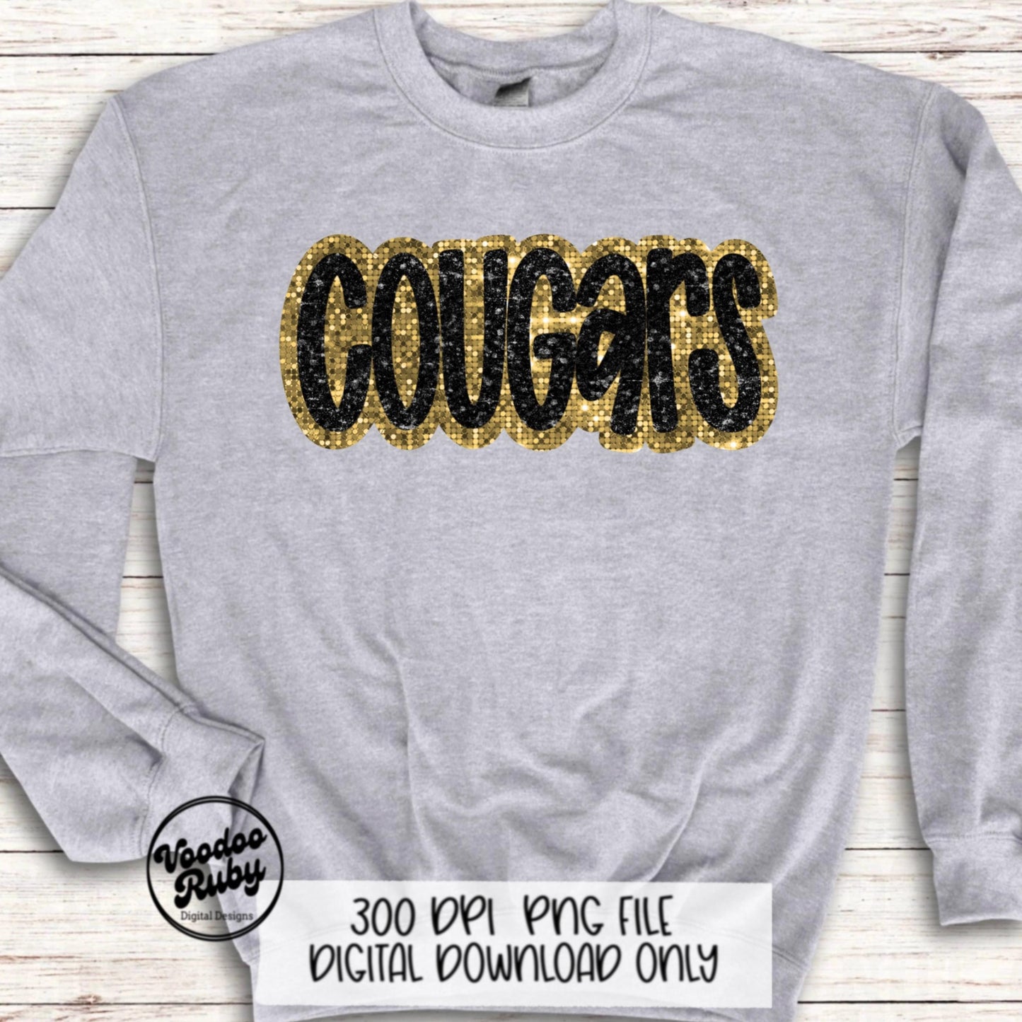 Cougars Mascot Design PNG Glitter Hand Drawn Digital Download Faux Sequins Patch PNG Printable Faux Appliqué Black Gold Cougars Football DTF