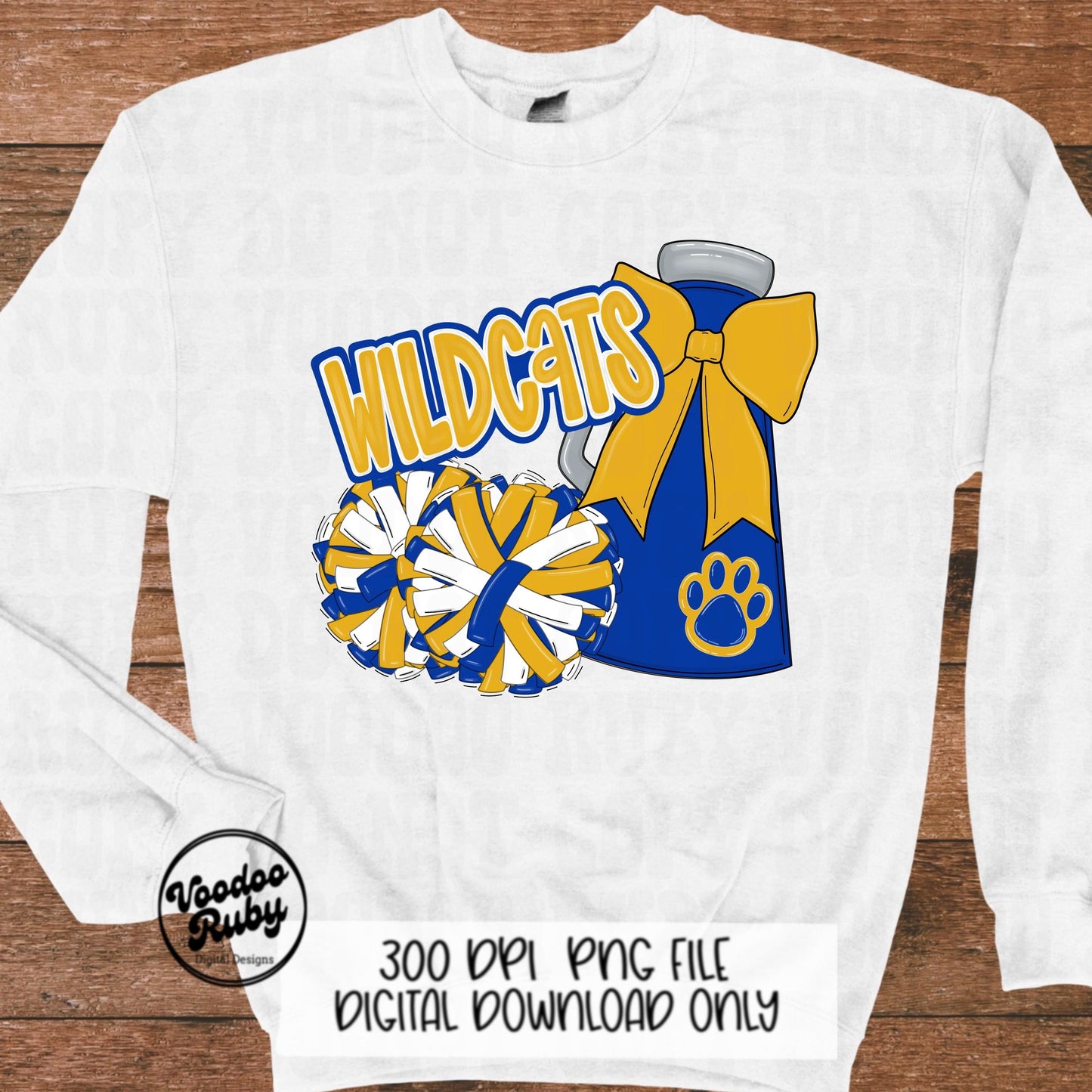 Wildcats Cheer PNG Design Sublimation Hand Drawn Digital Download Football PNG Blue Yellow Gold Wildcats png Paw Print Mascot DTF Printable