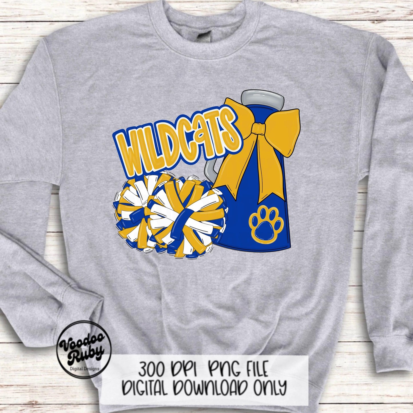 Wildcats Cheer PNG Design Sublimation Hand Drawn Digital Download Football PNG Blue Yellow Gold Wildcats png Paw Print Mascot DTF Printable