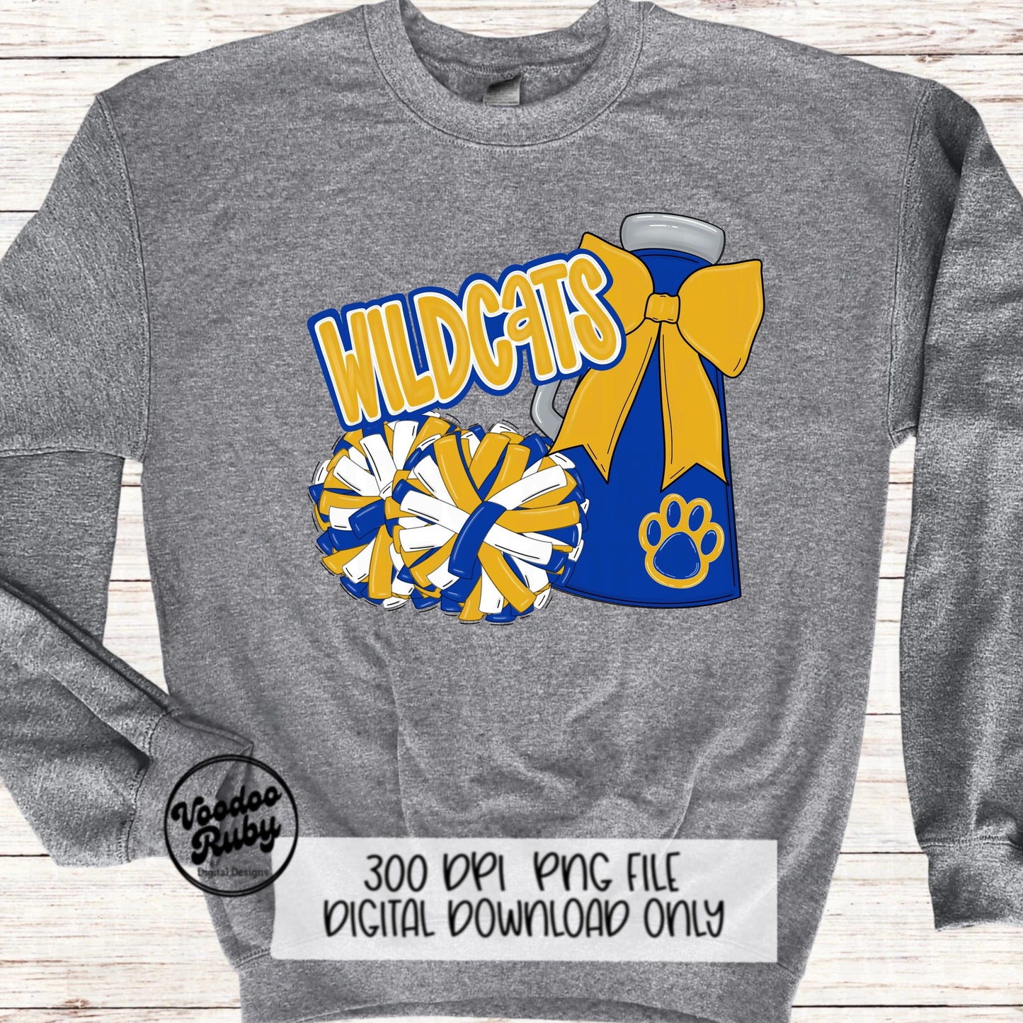 Wildcats Cheer PNG Design Sublimation Hand Drawn Digital Download Football PNG Blue Yellow Gold Wildcats png Paw Print Mascot DTF Printable