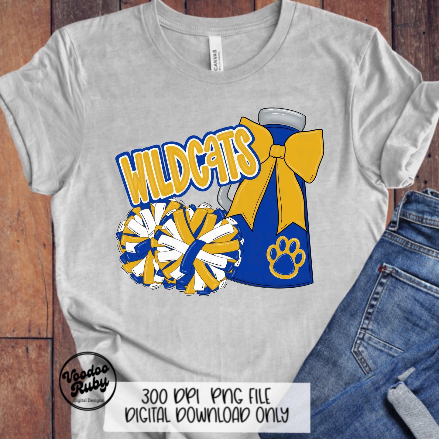 Wildcats Cheer PNG Design Sublimation Hand Drawn Digital Download Football PNG Blue Yellow Gold Wildcats png Paw Print Mascot DTF Printable
