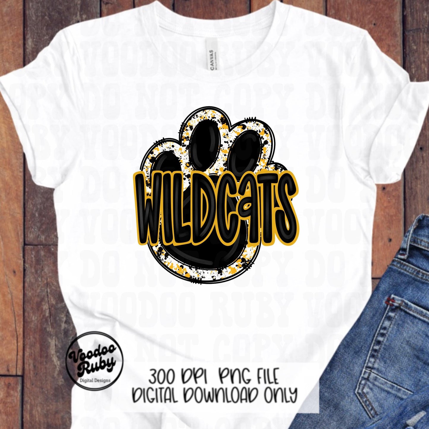 Wildcats PNG Design Sublimation Hand Drawn Digital Download Football Yellow Gold Wildcats Paw Print PNG DTF Printable Mascot Clip Art