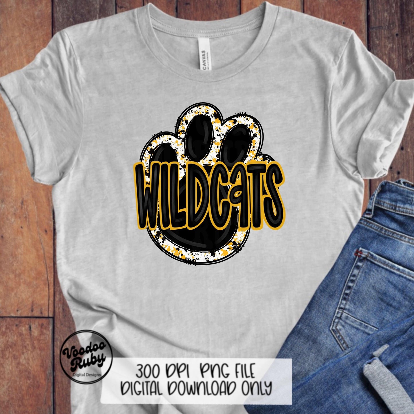 Wildcats PNG Design Sublimation Hand Drawn Digital Download Football Yellow Gold Wildcats Paw Print PNG DTF Printable Mascot Clip Art