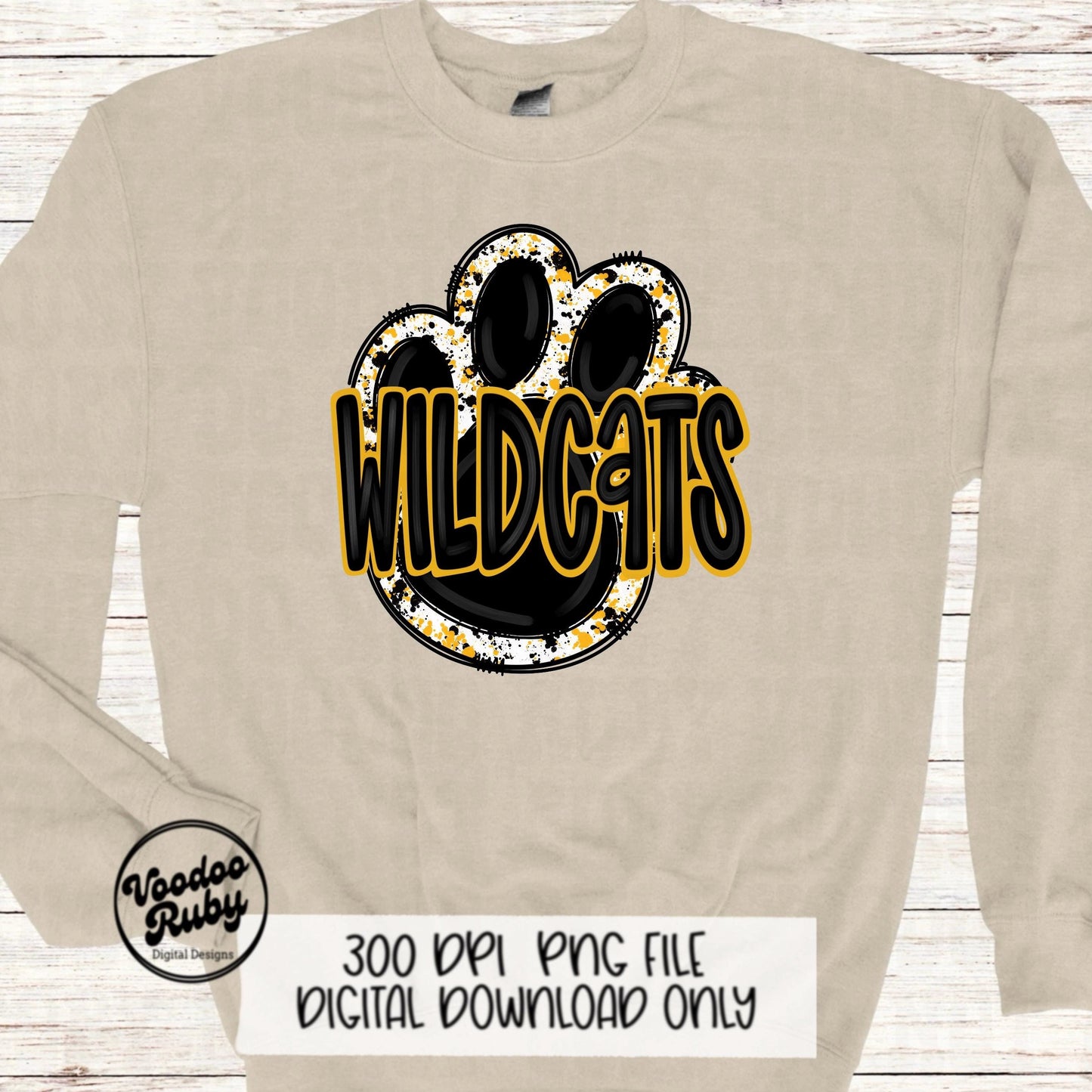Wildcats PNG Design Sublimation Hand Drawn Digital Download Football Yellow Gold Wildcats Paw Print PNG DTF Printable Mascot Clip Art