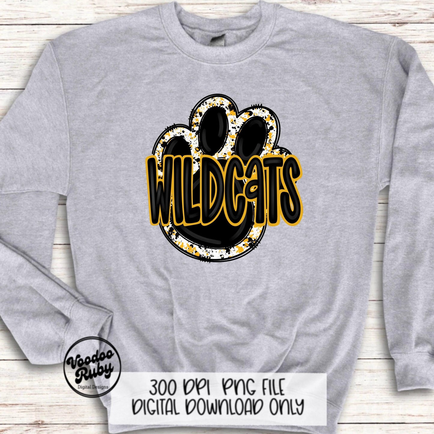 Wildcats PNG Design Sublimation Hand Drawn Digital Download Football Yellow Gold Wildcats Paw Print PNG DTF Printable Mascot Clip Art