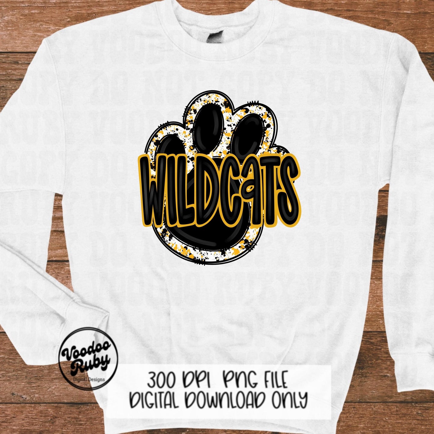 Wildcats PNG Design Sublimation Hand Drawn Digital Download Football Yellow Gold Wildcats Paw Print PNG DTF Printable Mascot Clip Art
