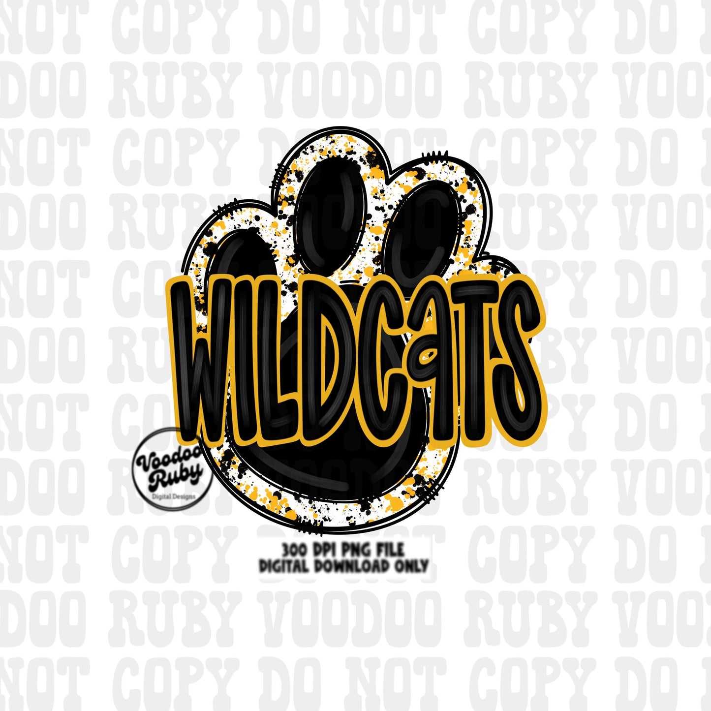 Wildcats PNG Design Sublimation Hand Drawn Digital Download Football Yellow Gold Wildcats Paw Print PNG DTF Printable Mascot Clip Art