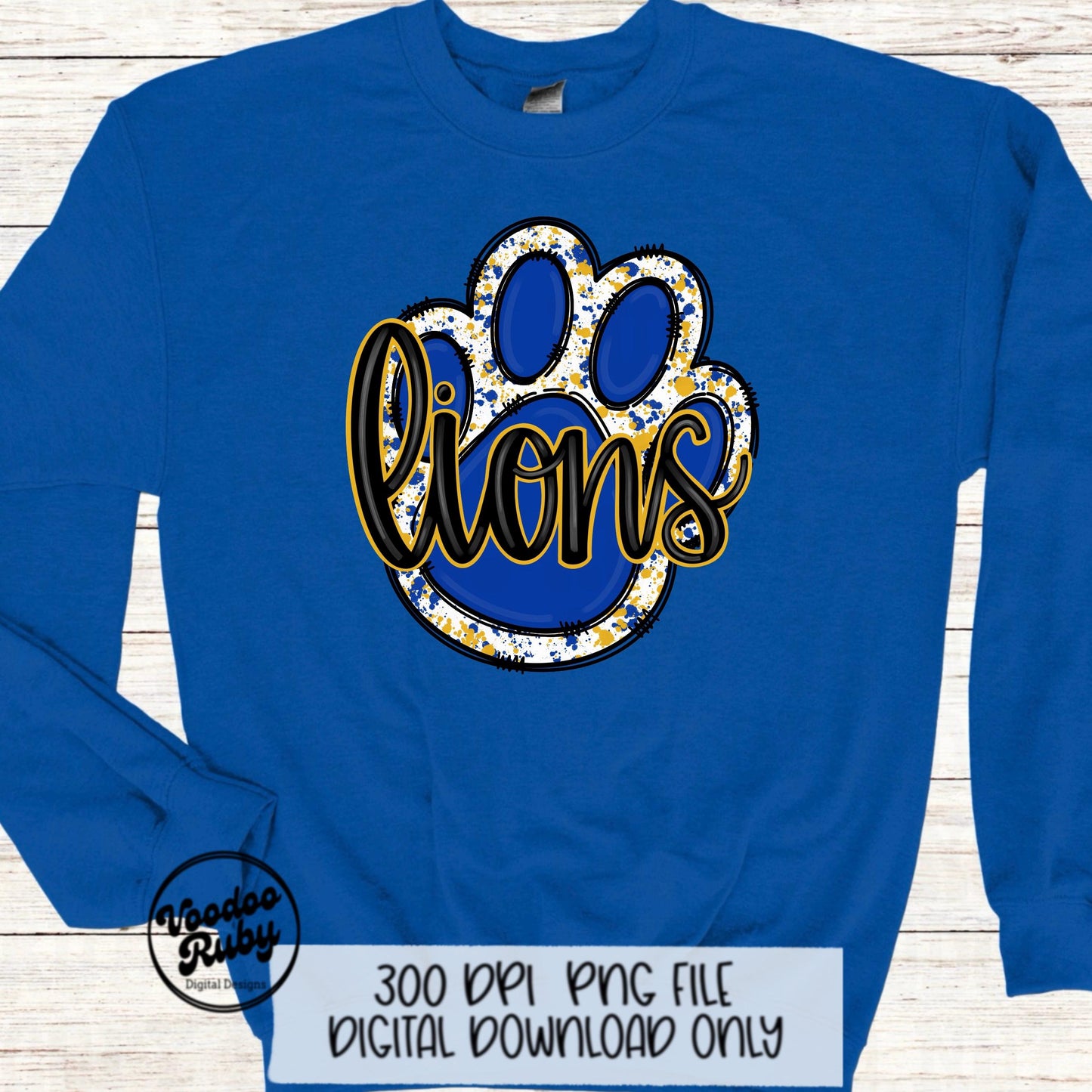 Lions PNG Design Sublimation Hand Drawn Digital Download Football PNG Paw Blue Gold Lions Football Mascot DTF Printable