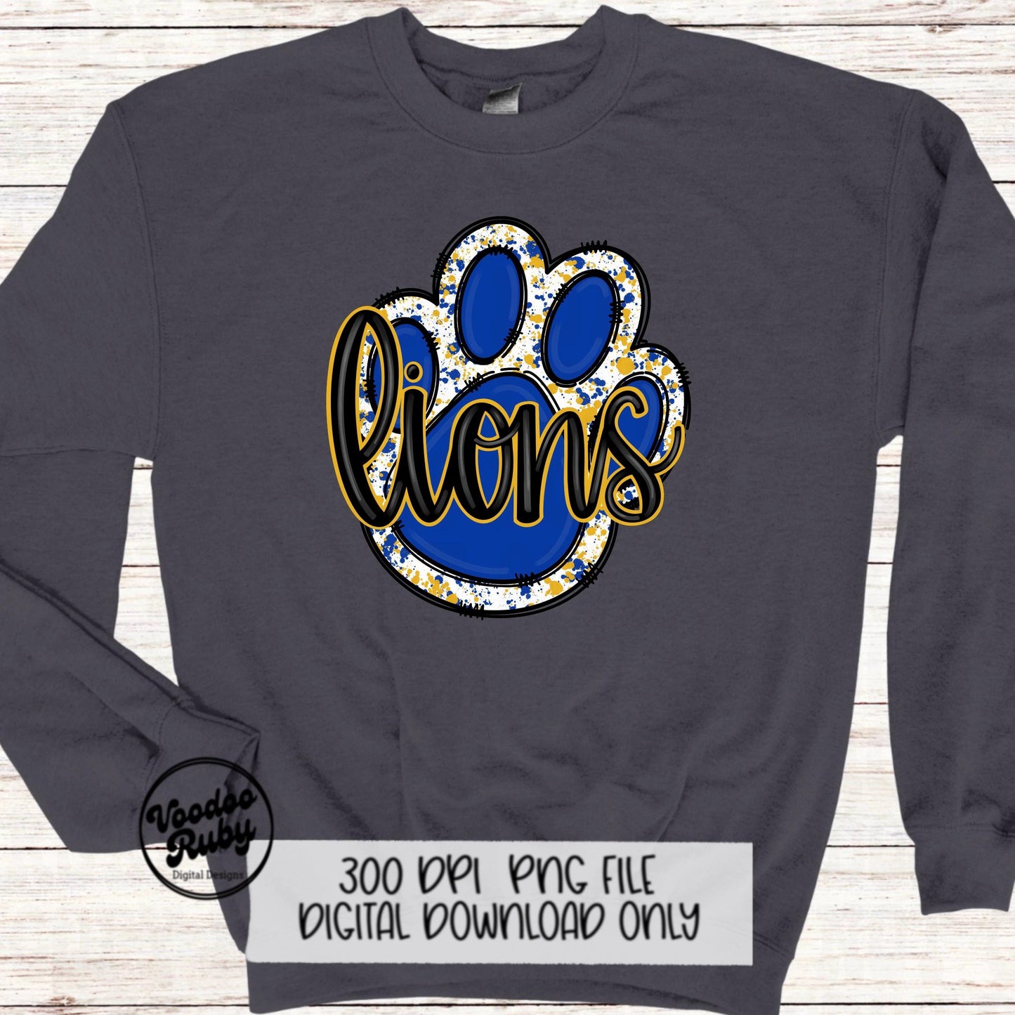 Lions PNG Design Sublimation Hand Drawn Digital Download Football PNG Paw Blue Gold Lions Football Mascot DTF Printable