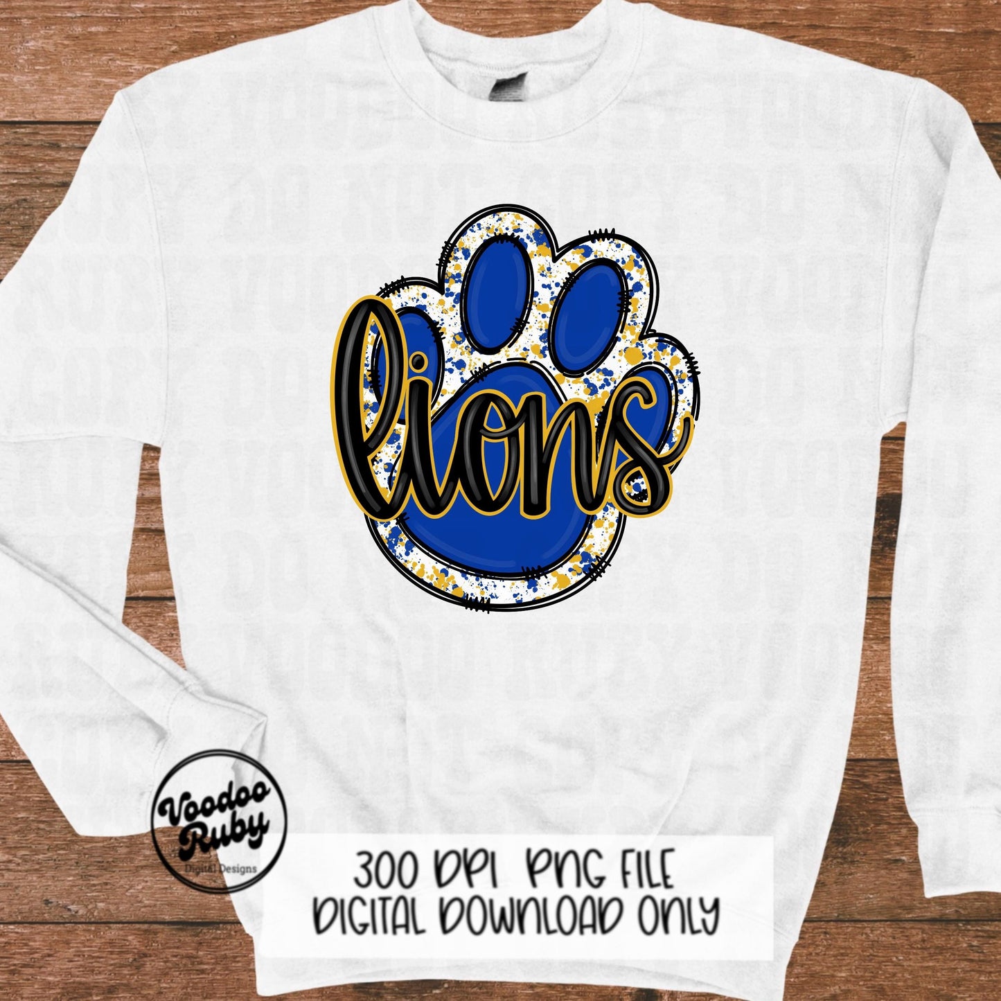 Lions PNG Design Sublimation Hand Drawn Digital Download Football PNG Paw Blue Gold Lions Football Mascot DTF Printable