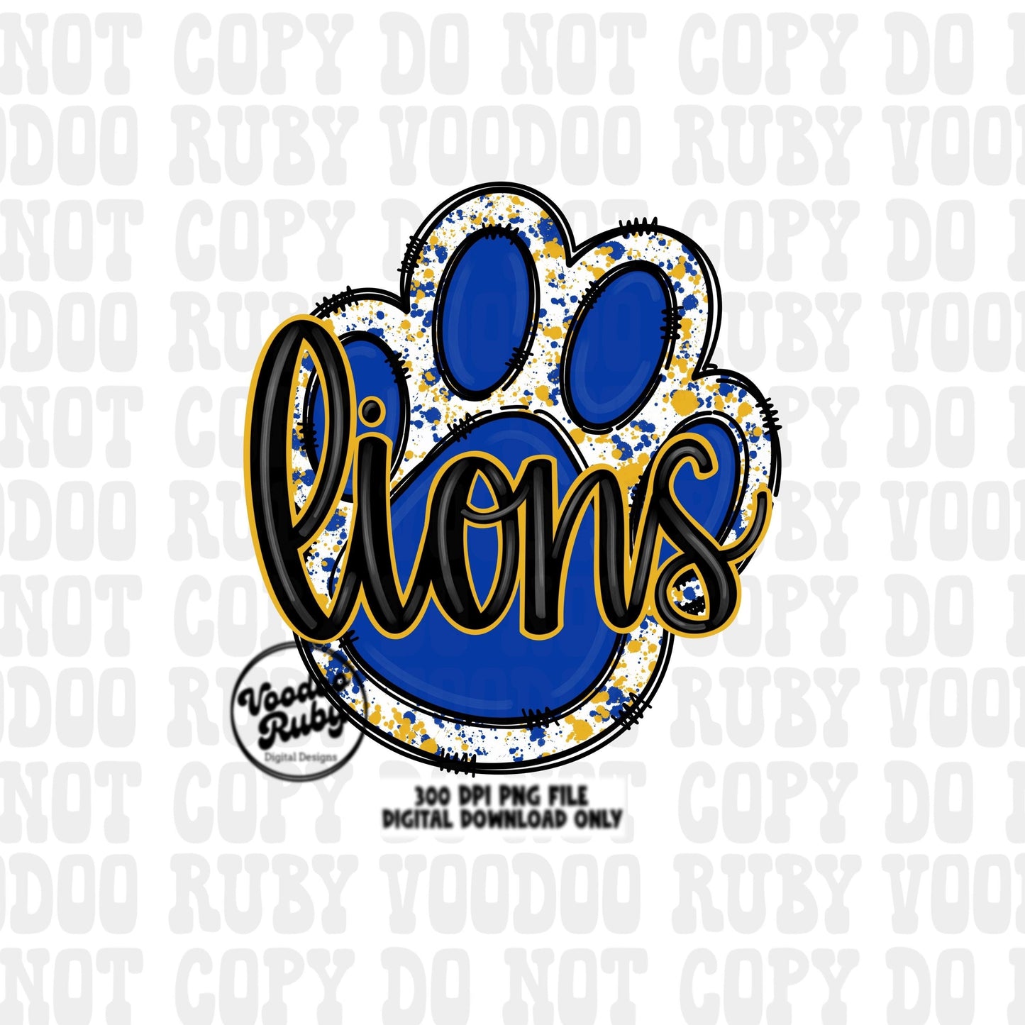 Lions PNG Design Sublimation Hand Drawn Digital Download Football PNG Paw Blue Gold Lions Football Mascot DTF Printable
