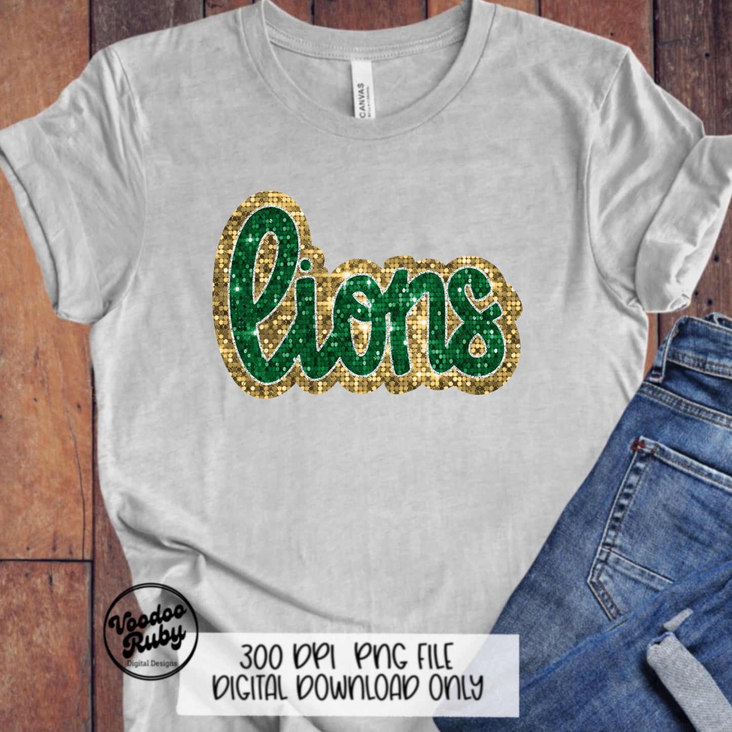 Green Gold Lions PNG Design Sequins Sublimation Hand Drawn Digital Download Faux Patch Printable Appliqué Lions Football Mascot DTF