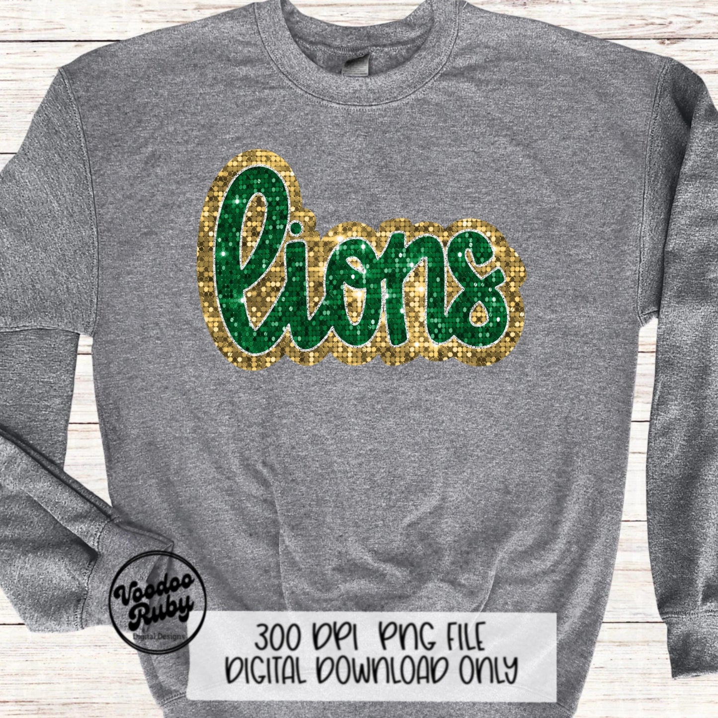 Green Gold Lions PNG Design Sequins Sublimation Hand Drawn Digital Download Faux Patch Printable Appliqué Lions Football Mascot DTF