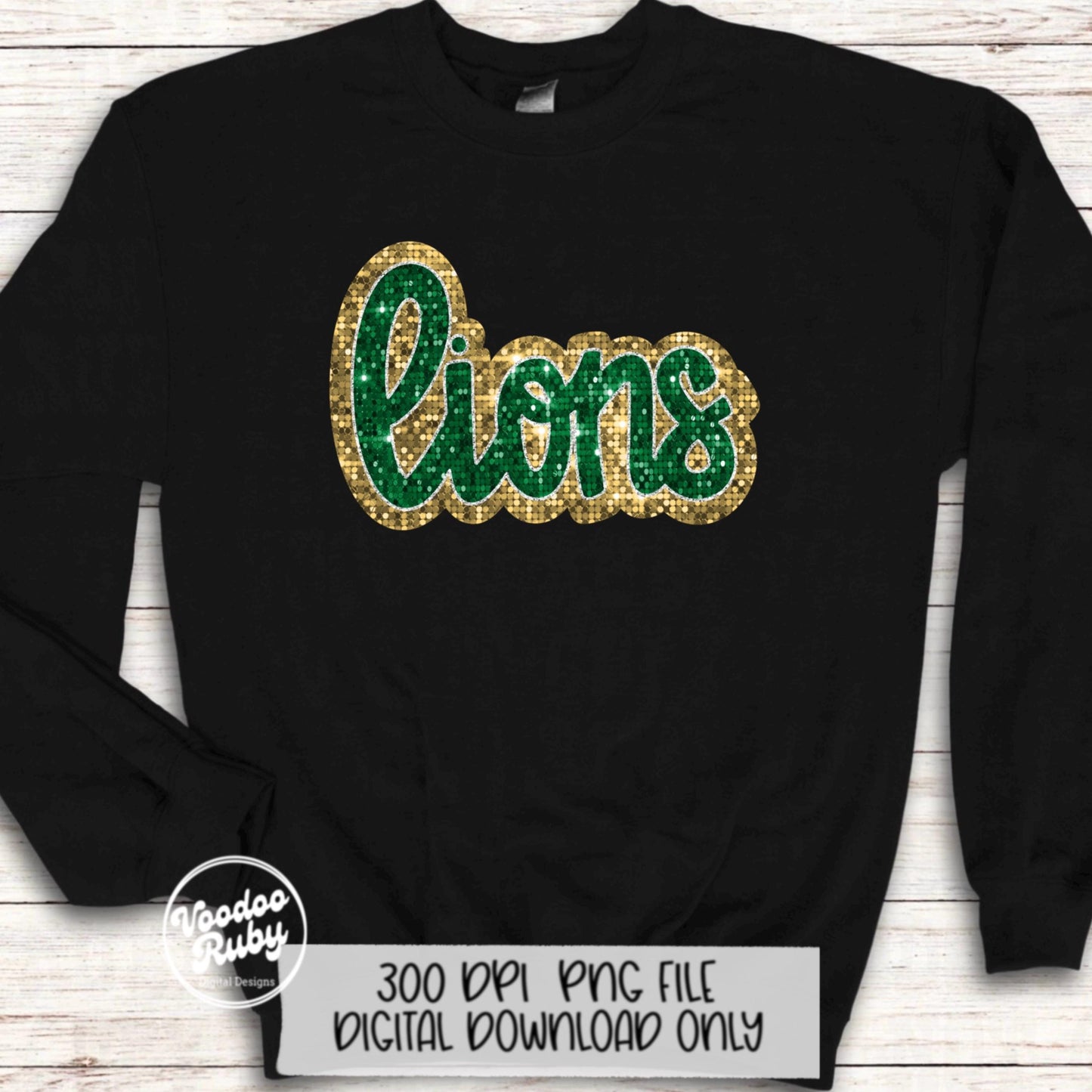 Green Gold Lions PNG Design Sequins Sublimation Hand Drawn Digital Download Faux Patch Printable Appliqué Lions Football Mascot DTF