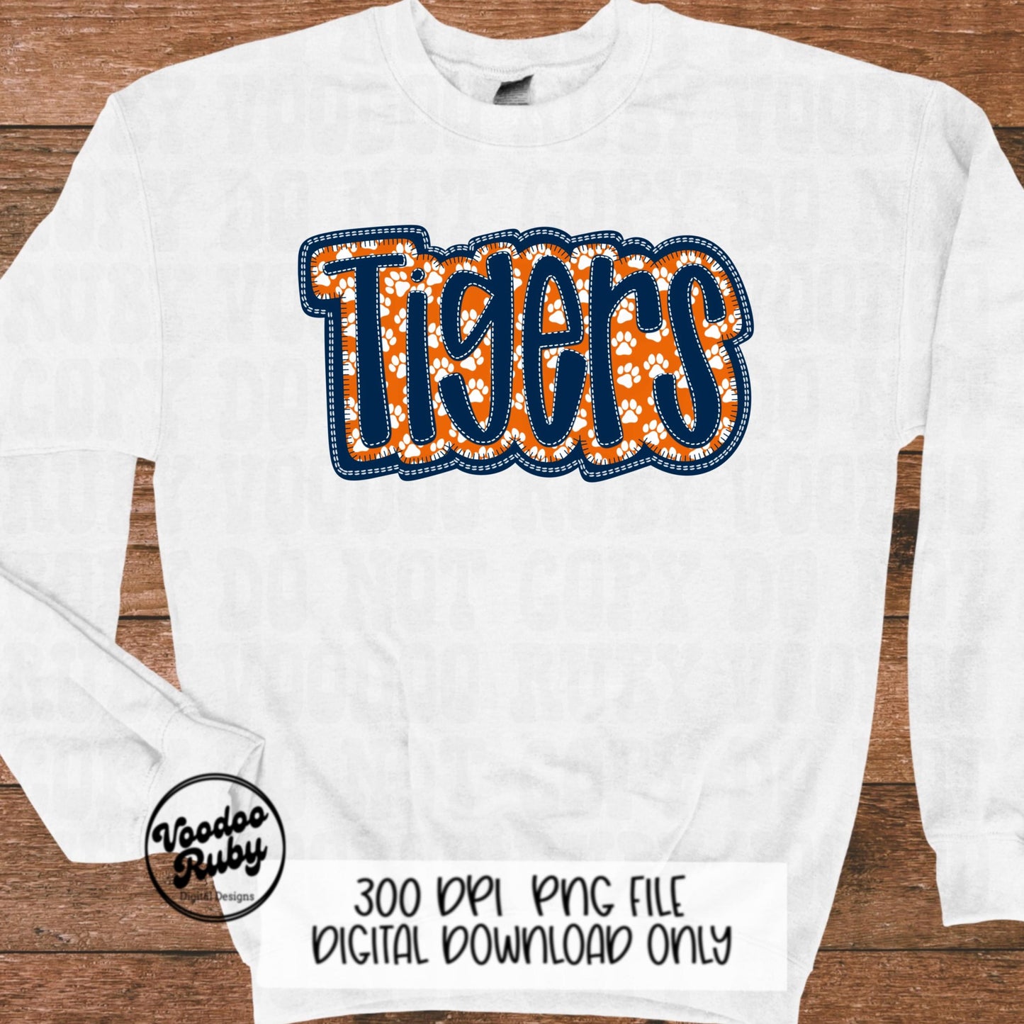 Tigers Mascot PNG: Blue Orange Faux Embroidery Design (Digital Download)