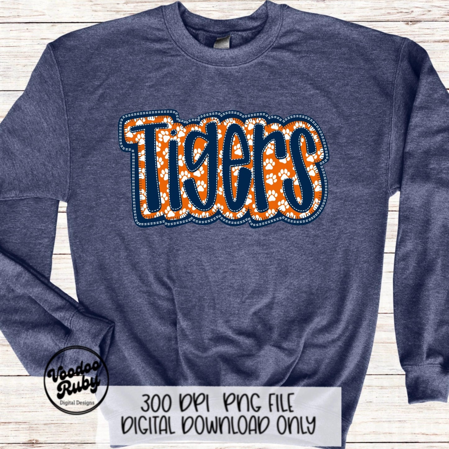 Tigers Mascot PNG: Blue Orange Faux Embroidery Design (Digital Download)