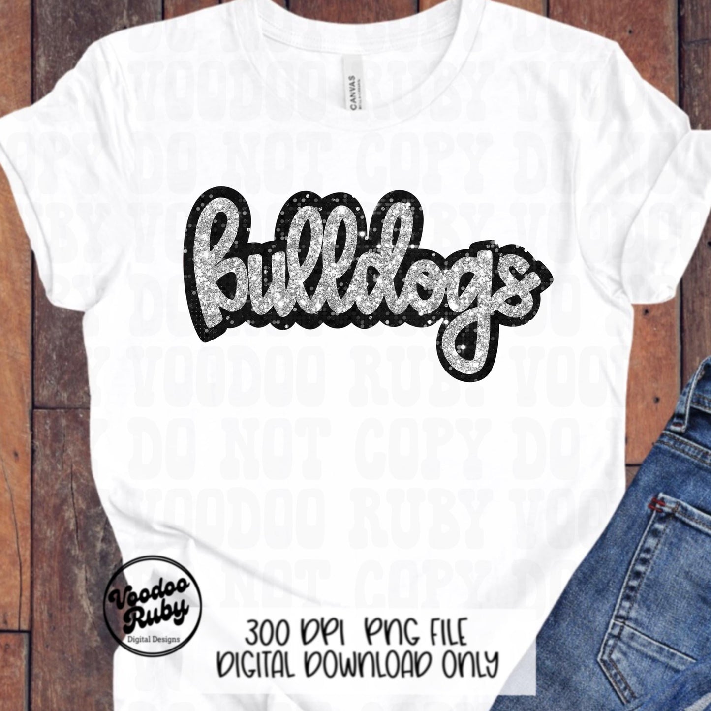 Glitter Bulldogs PNG Design Sublimation Sequins Hand Drawn Digital Download Faux Sequins Patch PNG Black Silver Bulldogs Football DTF