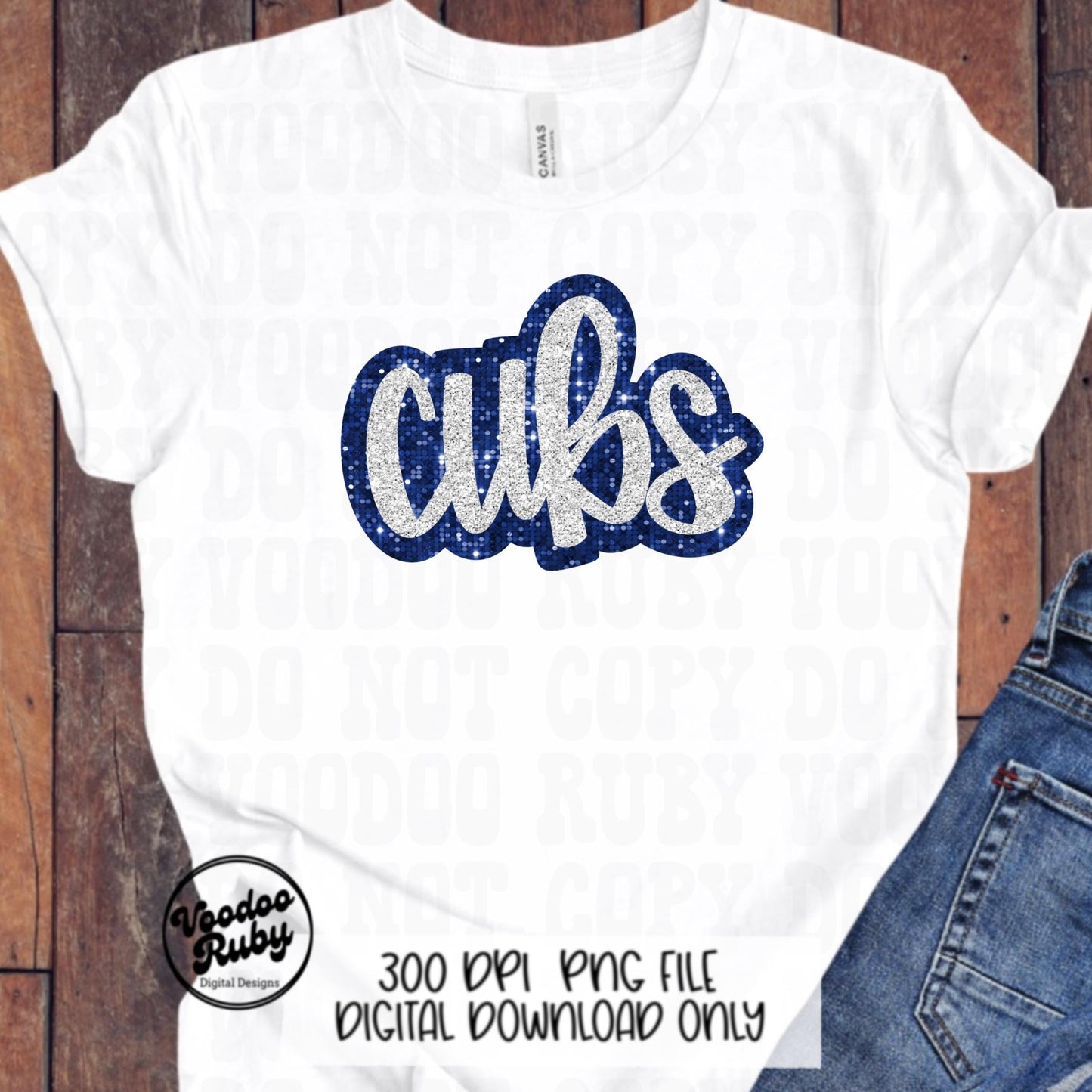 Glitter Cubs Design PNG Sublimation Hand Drawn Digital Download Faux Sequins Football PNG Blue Cubs DTF Printable Cubs Mascot png Clip Art