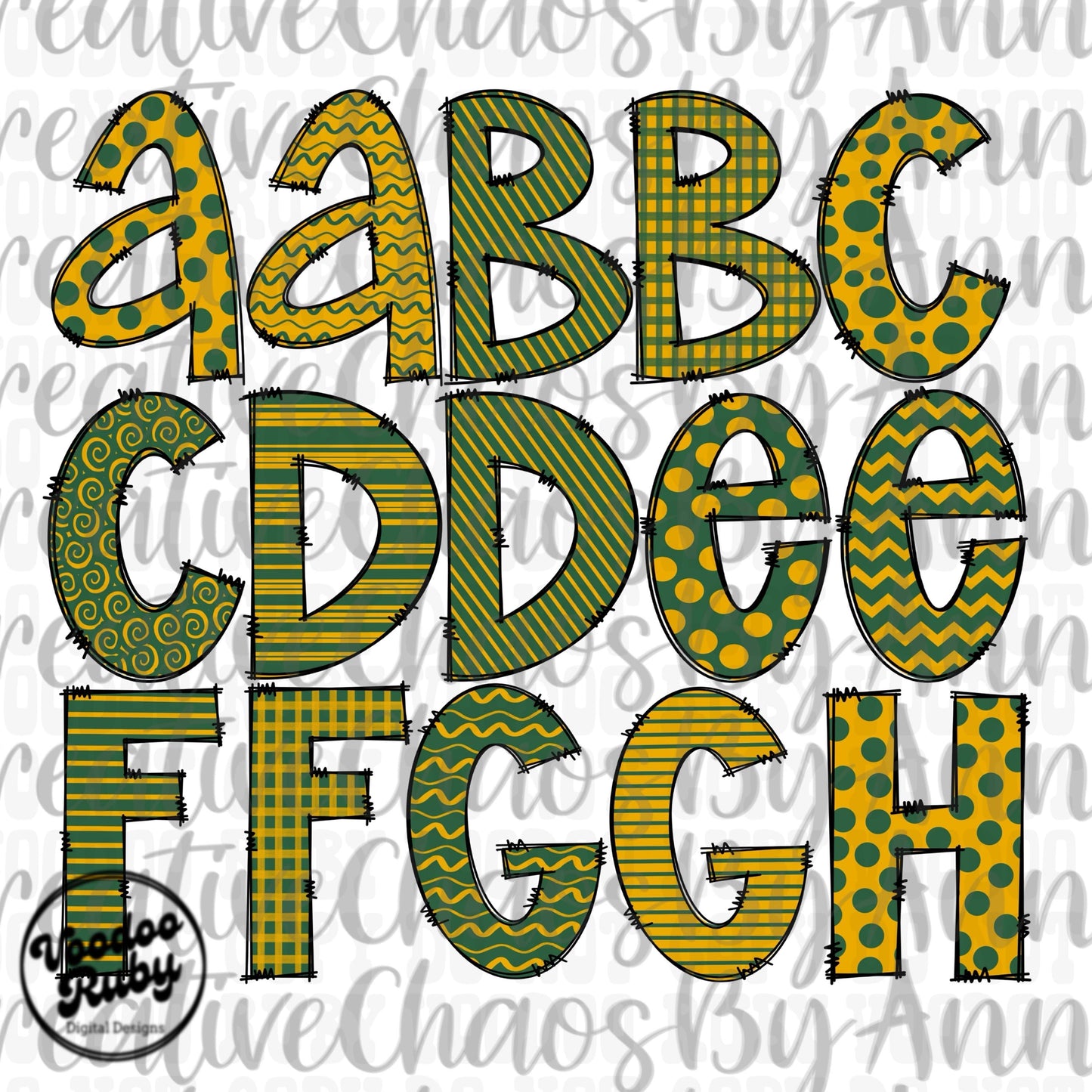 Doodle Letters Alphabet Bundle PNG | Green and Gold | Hand Drawn Alpha Pack Digital Download | Sublimation Alphabet | Digital Design PNG