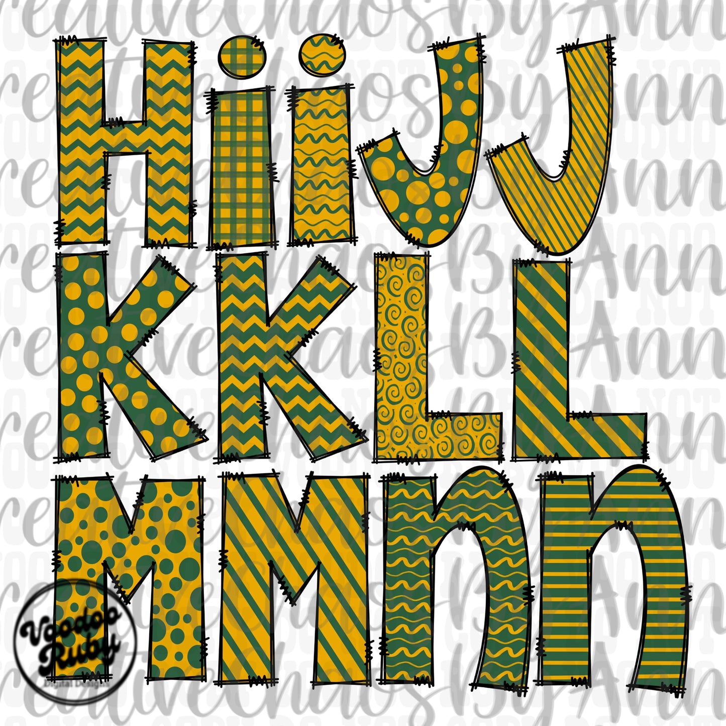 Doodle Letters Alphabet Bundle PNG | Green and Gold | Hand Drawn Alpha Pack Digital Download | Sublimation Alphabet | Digital Design PNG