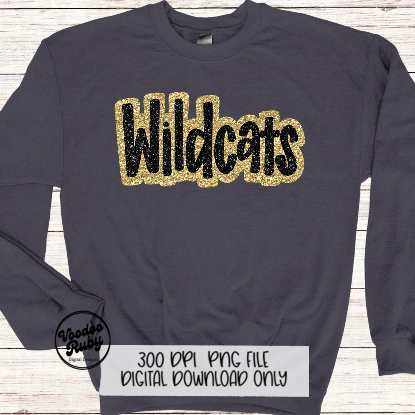 Wildcats PNG Design Sublimation Hand Drawn Digital Download Football Gold Black Faux Glitter Wildcats Patch DTF Printable Mascot Clip Art