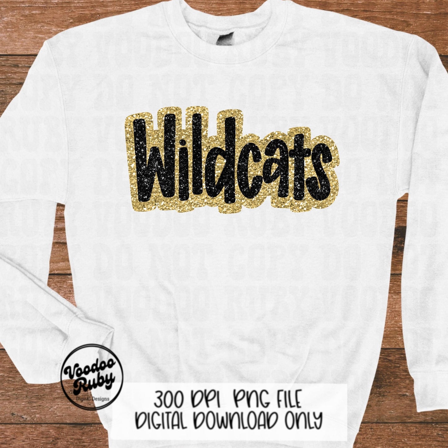 Wildcats PNG Design Sublimation Hand Drawn Digital Download Football Gold Black Faux Glitter Wildcats Patch DTF Printable Mascot Clip Art