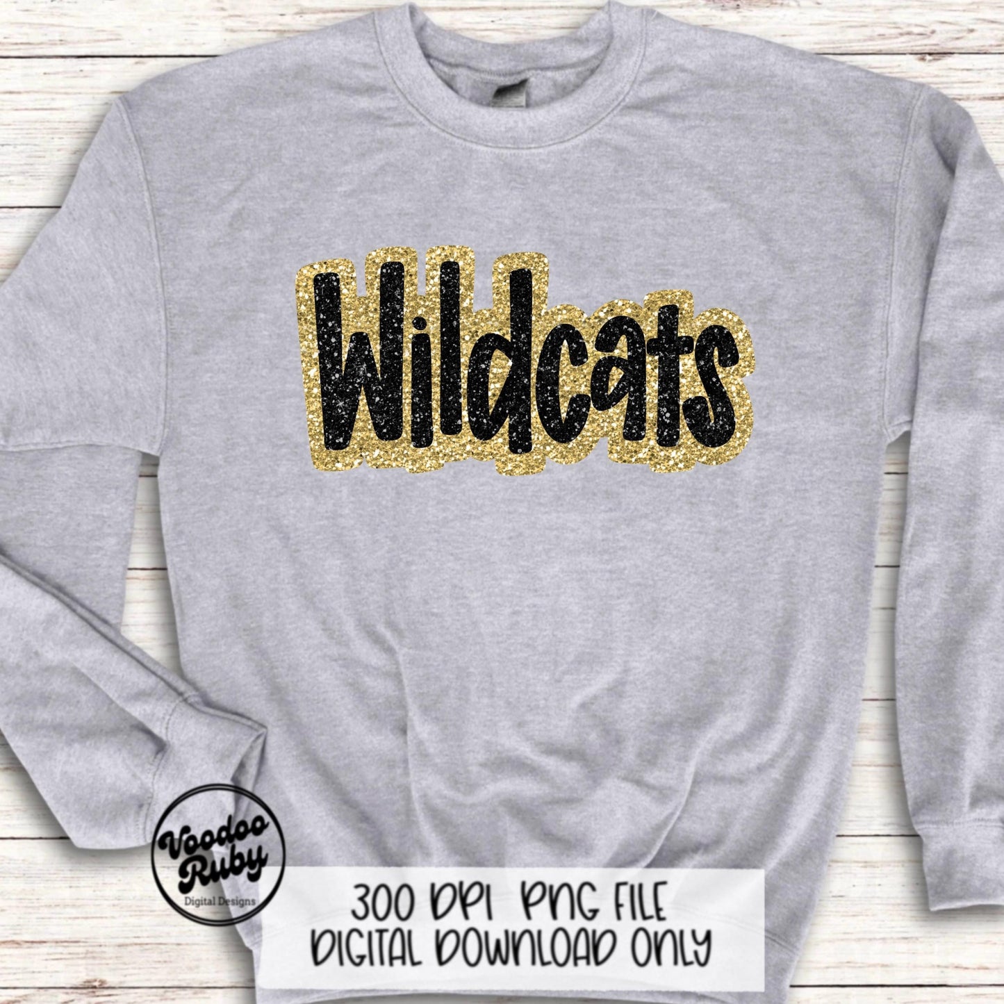 Wildcats PNG Design Sublimation Hand Drawn Digital Download Football Gold Black Faux Glitter Wildcats Patch DTF Printable Mascot Clip Art