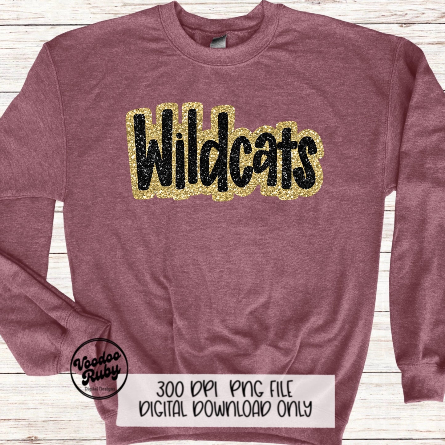 Wildcats PNG Design Sublimation Hand Drawn Digital Download Football Gold Black Faux Glitter Wildcats Patch DTF Printable Mascot Clip Art