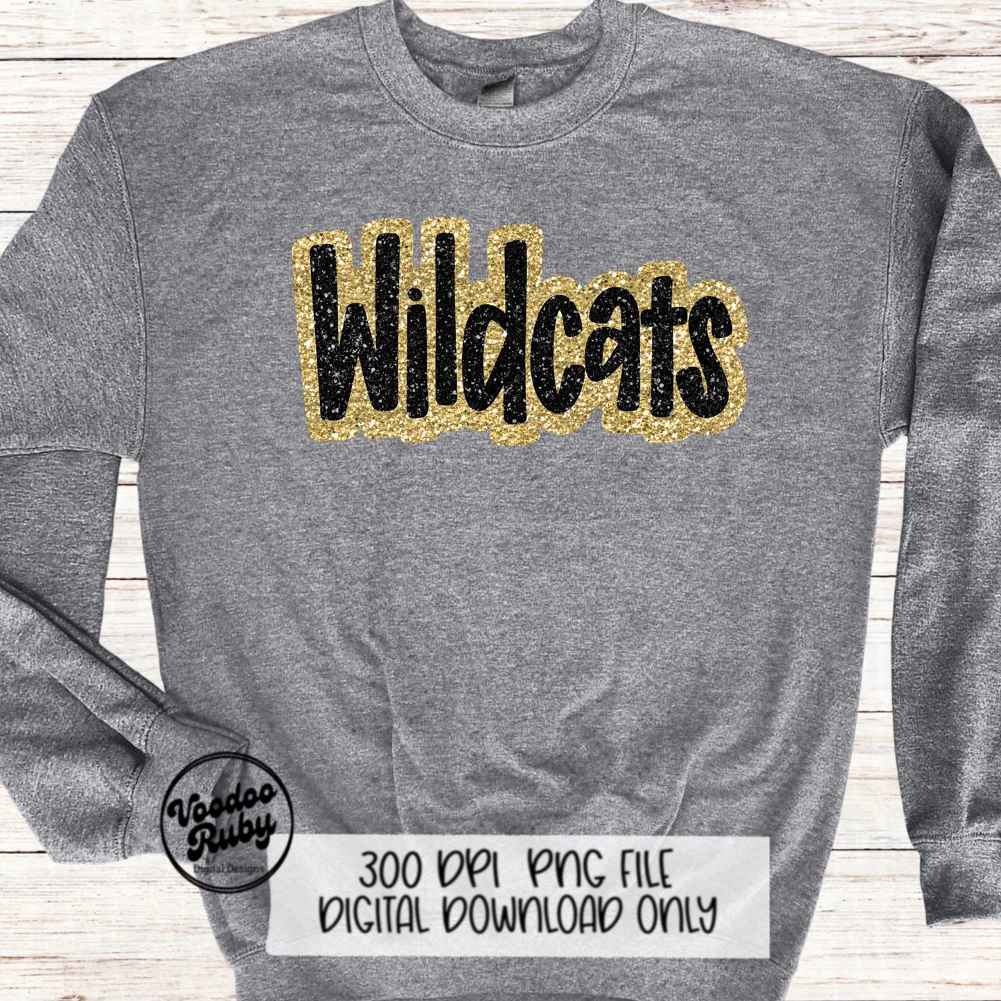 Wildcats PNG Design Sublimation Hand Drawn Digital Download Football Gold Black Faux Glitter Wildcats Patch DTF Printable Mascot Clip Art