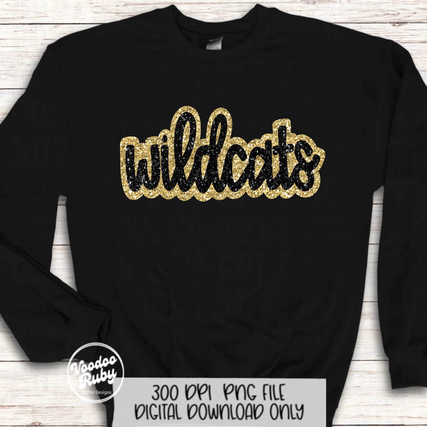 Wildcats PNG Design Sublimation Hand Drawn Digital Download Football Gold Black Faux Glitter Wildcats Patch DTF Printable Mascot Clip Art