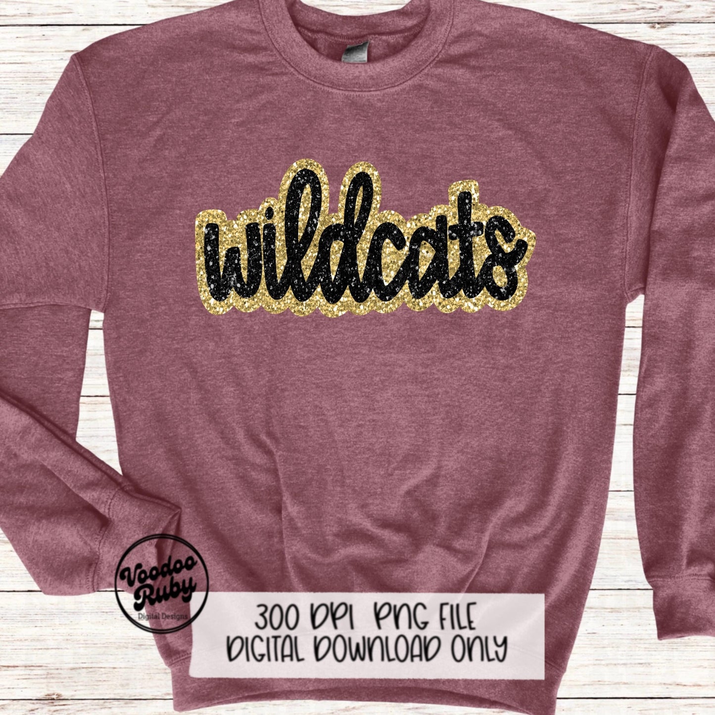Wildcats PNG Design Sublimation Hand Drawn Digital Download Football Gold Black Faux Glitter Wildcats Patch DTF Printable Mascot Clip Art
