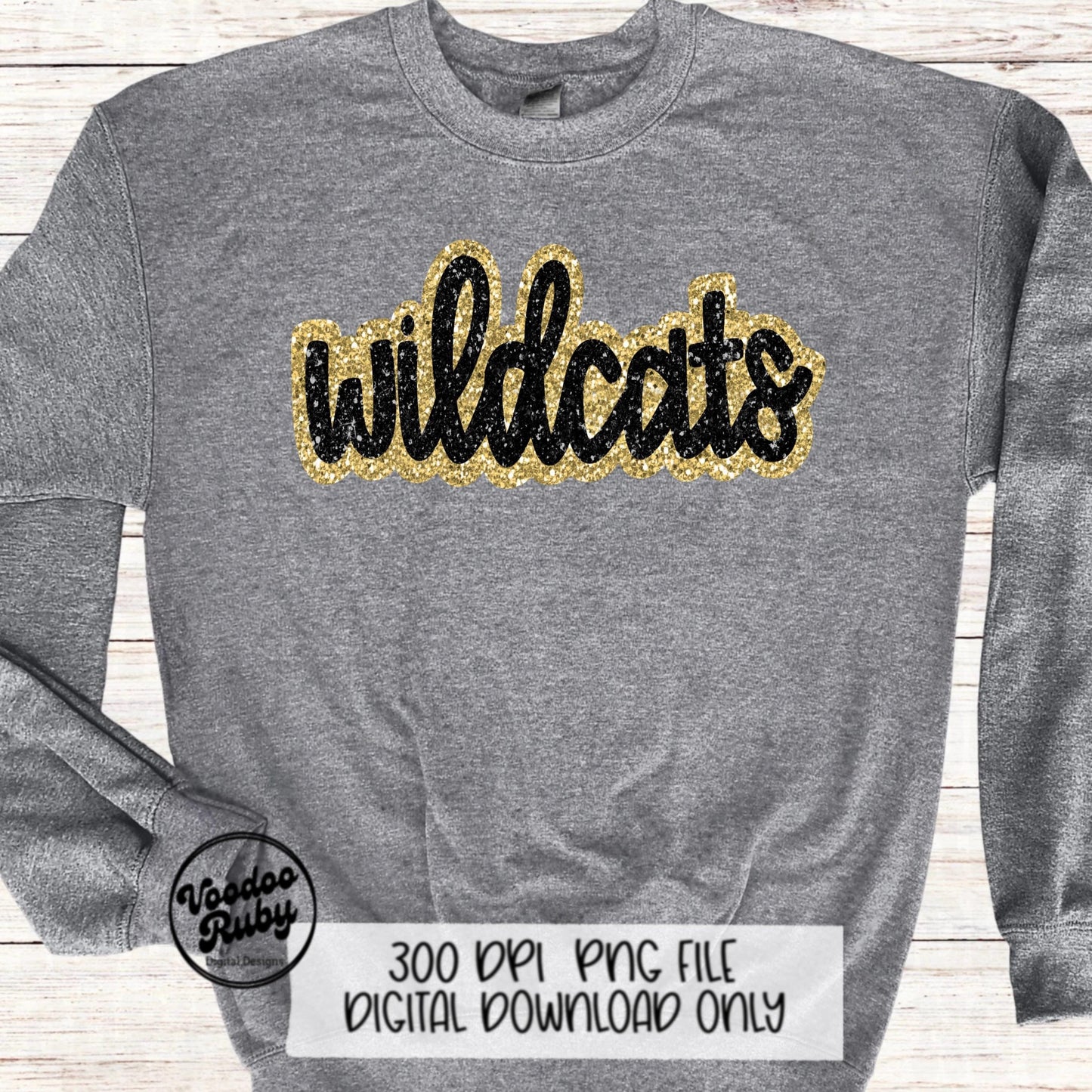 Wildcats PNG Design Sublimation Hand Drawn Digital Download Football Gold Black Faux Glitter Wildcats Patch DTF Printable Mascot Clip Art
