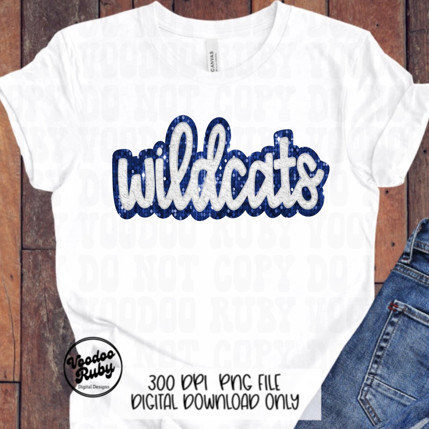 Wildcats PNG Design Hand Drawn Digital Download Sublimation Faux Chenille PNG Blue White Football png Wildcats DTF Printable