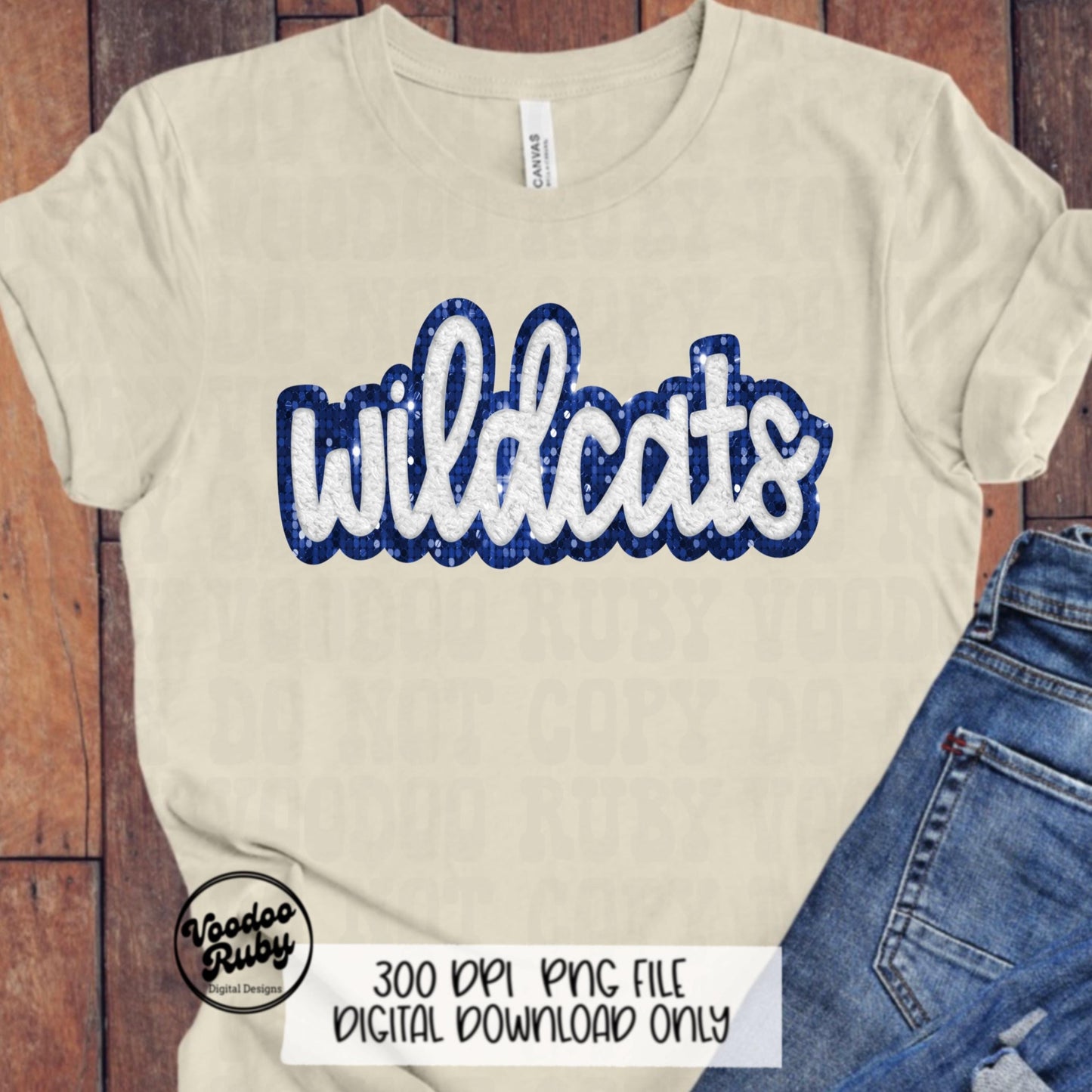 Wildcats PNG Design Hand Drawn Digital Download Sublimation Faux Chenille PNG Blue White Football png Wildcats DTF Printable