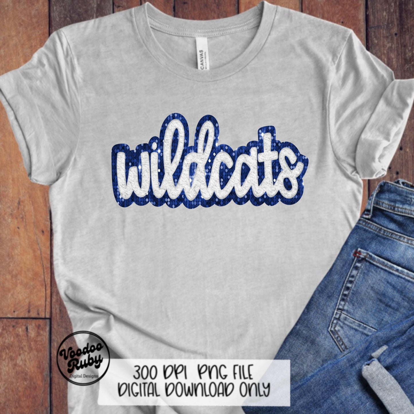 Wildcats PNG Design Hand Drawn Digital Download Sublimation Faux Chenille PNG Blue White Football png Wildcats DTF Printable