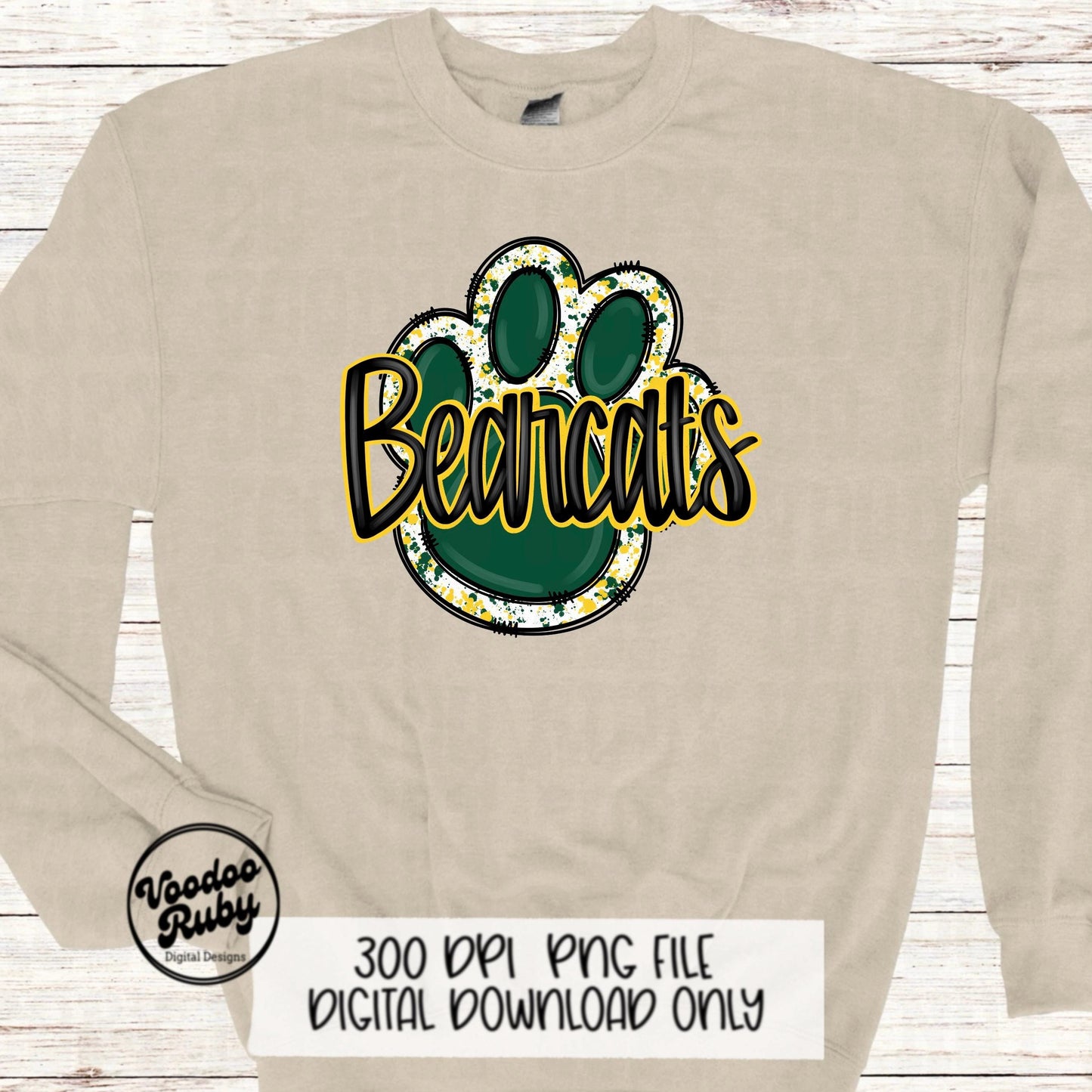 Bearcats PNG Design Sublimation Hand Drawn Digital Download Football PNG Green Yellow Bearcats Paw Print png Football DTF Printable Mascot