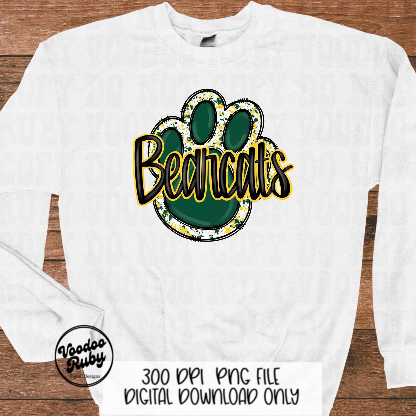 Bearcats PNG Design Sublimation Hand Drawn Digital Download Football PNG Green Yellow Bearcats Paw Print png Football DTF Printable Mascot