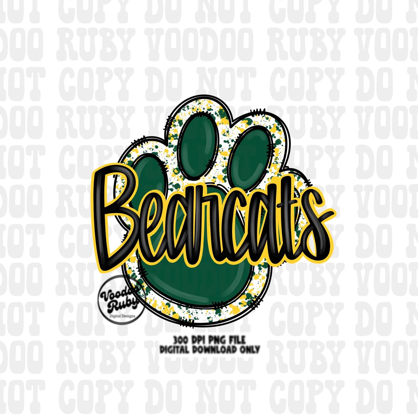 Bearcats PNG Design Sublimation Hand Drawn Digital Download Football PNG Green Yellow Bearcats Paw Print png Football DTF Printable Mascot