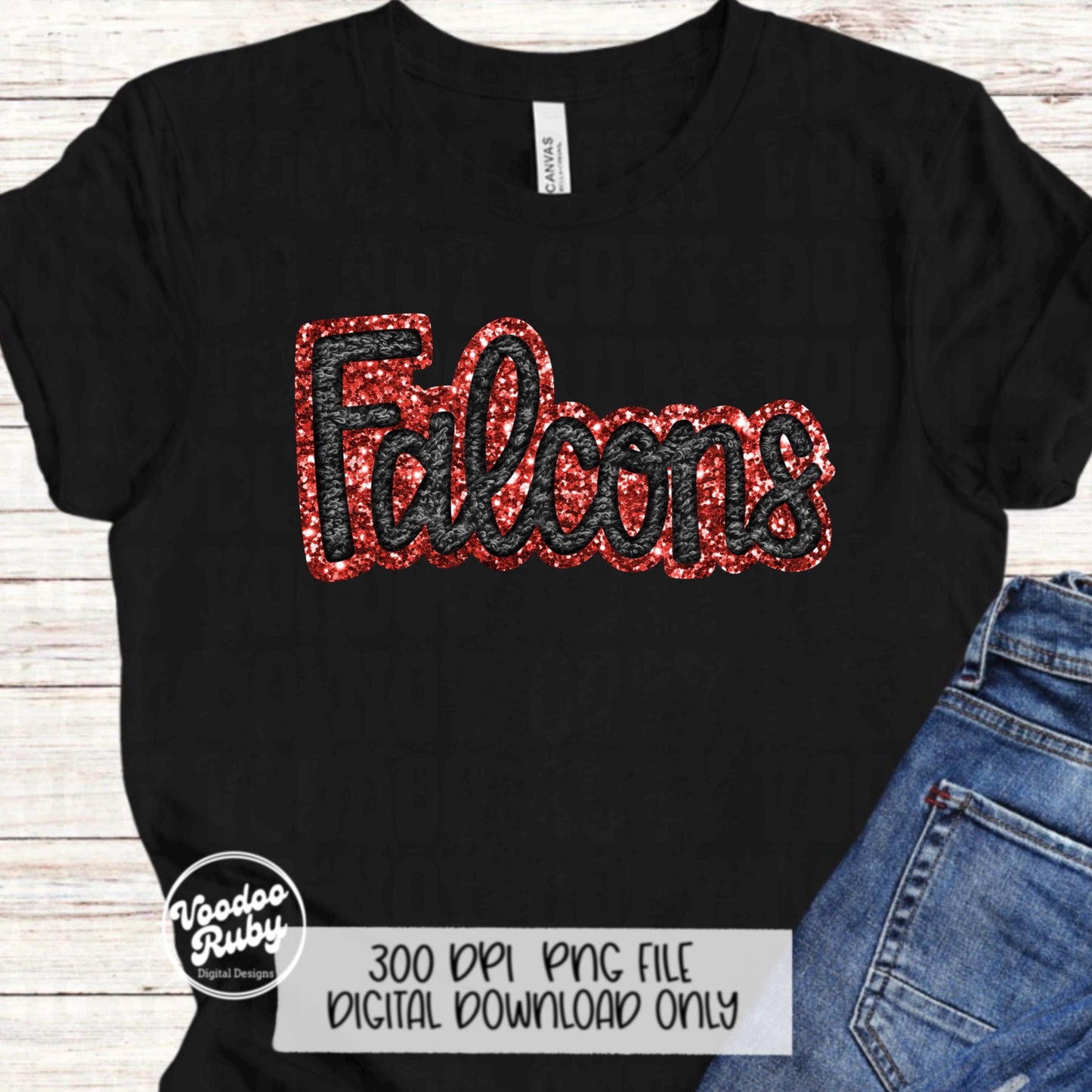 Falcons PNG Design Hand Drawn Digital Download Sublimation Faux Chenille PNG Black and Red Falcons Football png Falcons DTF Printable