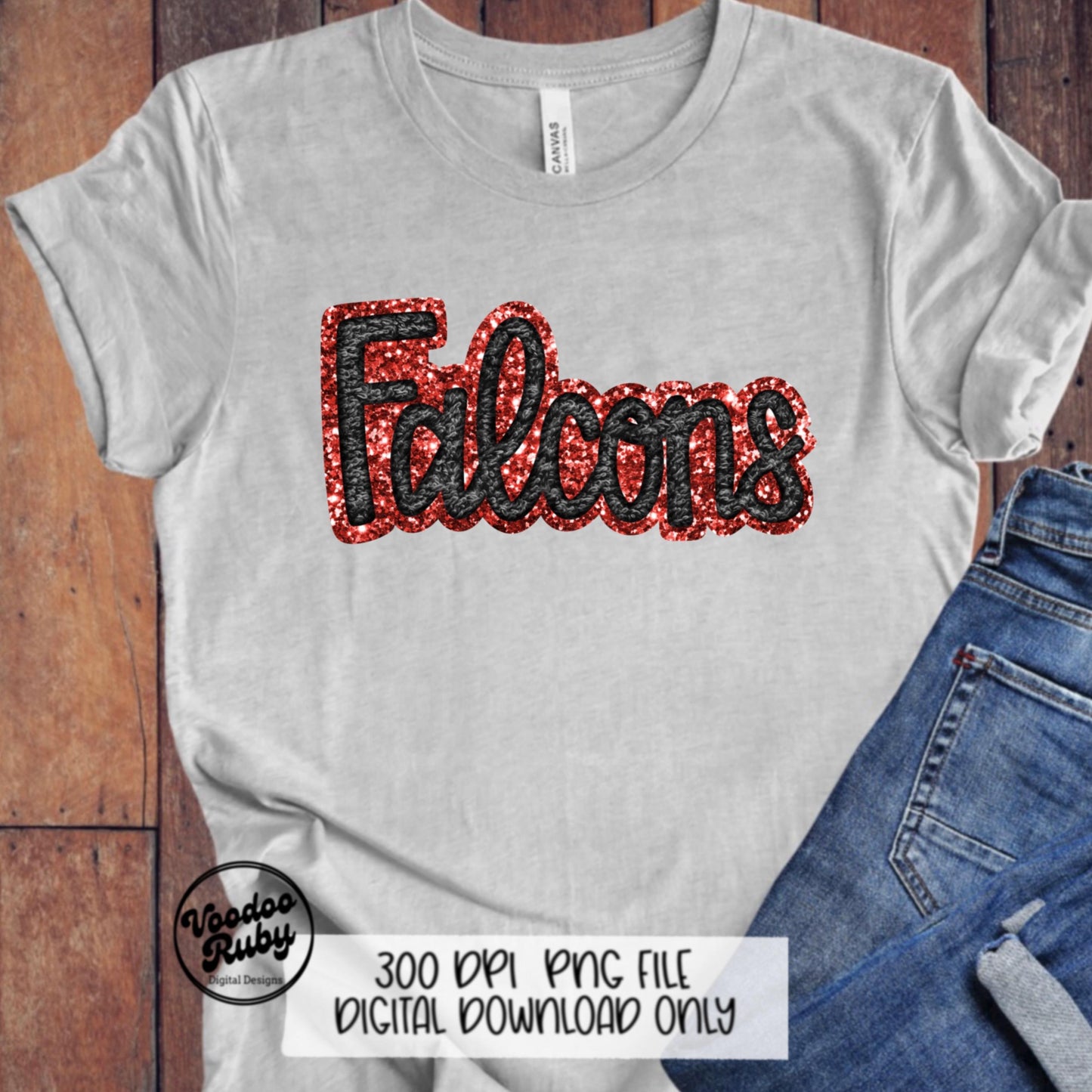 Falcons PNG Design Hand Drawn Digital Download Sublimation Faux Chenille PNG Black and Red Falcons Football png Falcons DTF Printable